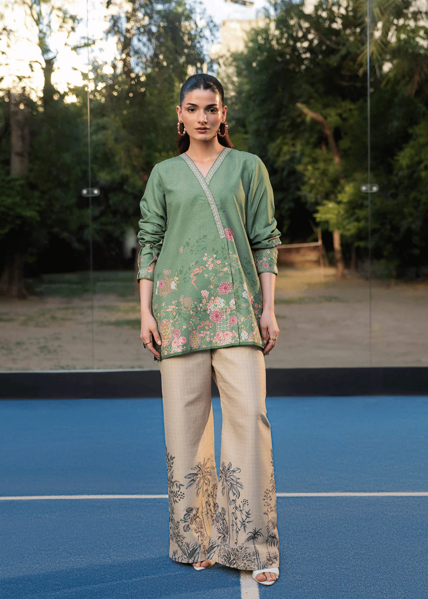 arabic lawn Kurta Set in Champagne, moss green