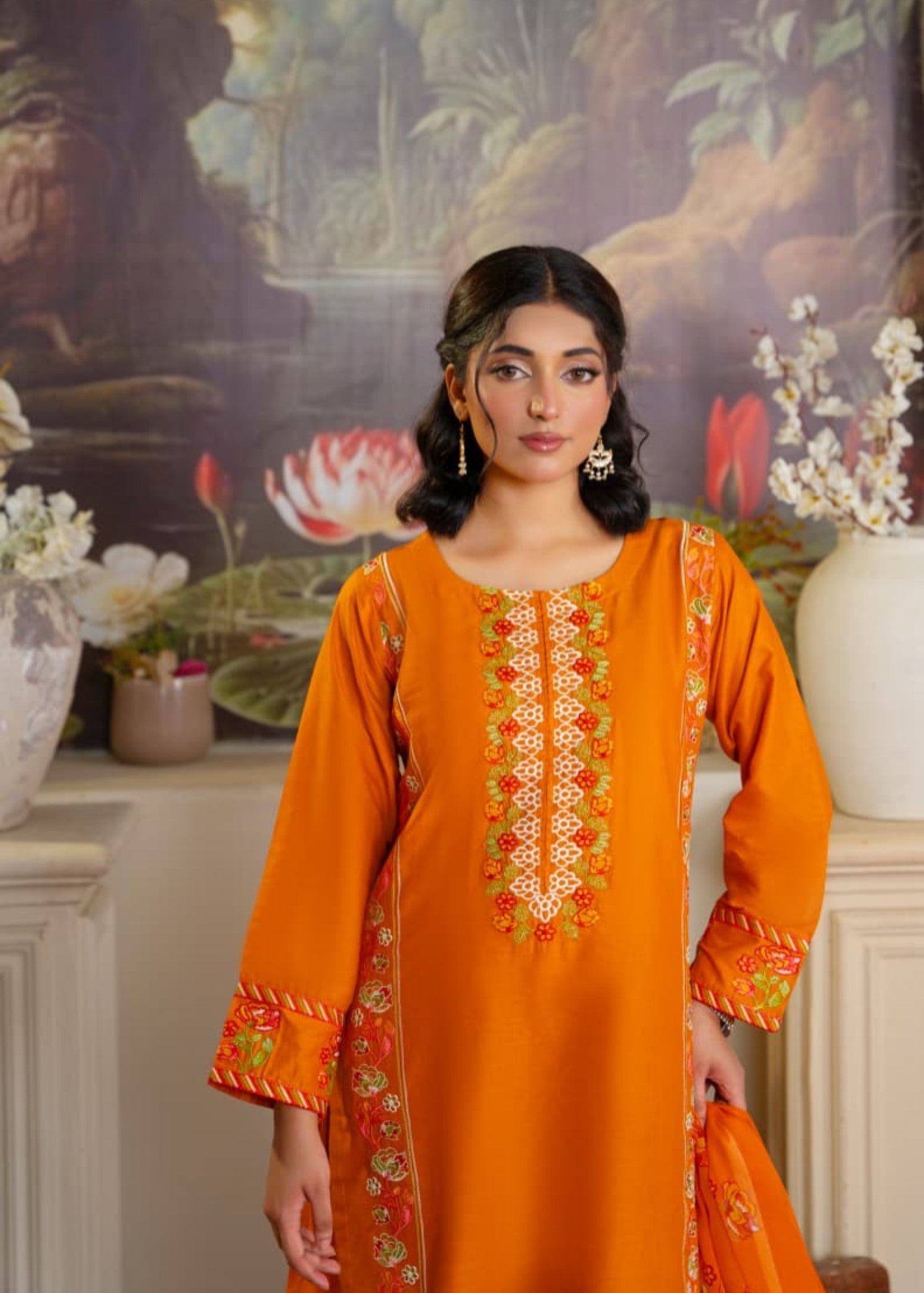 lawn cotton Kurta Set in Tiger orange