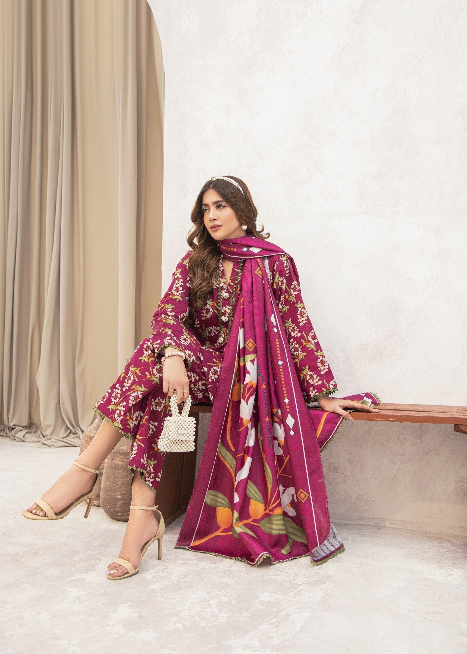 khaddar Kurta Set in Burgundy