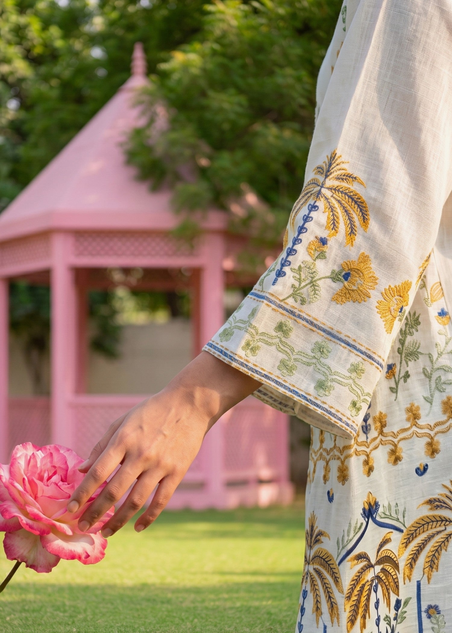 cotton Kurta Set in Off-white, midnight blue