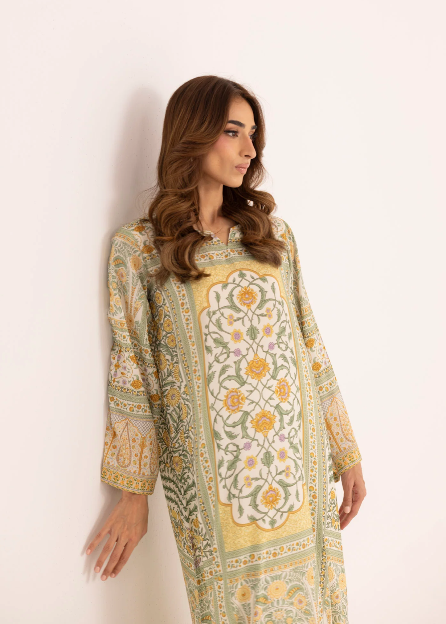 silk finish lawn Kaftan in Sage green