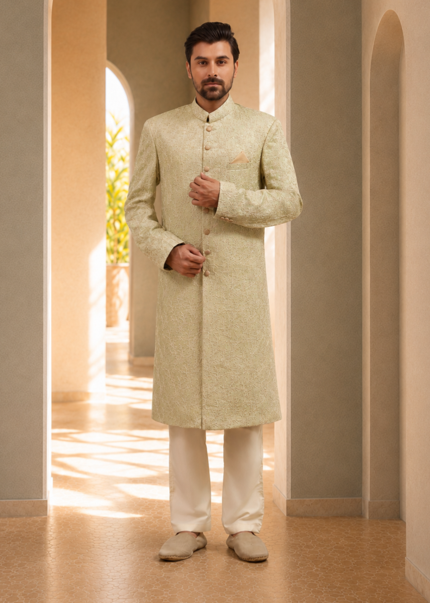 jamawar Sherwani in Tea green, autumn gold