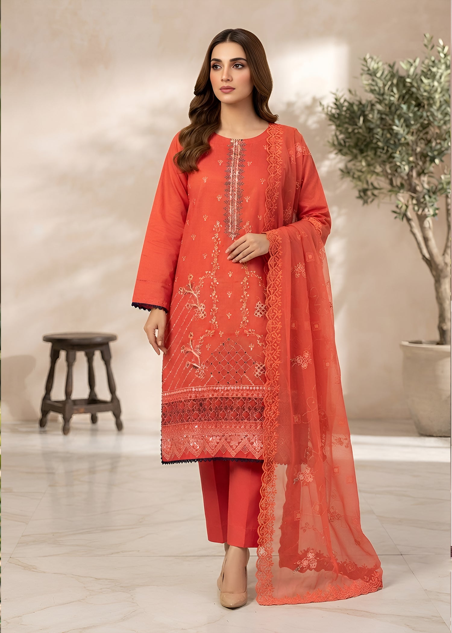 cambric Kurta Set in Coral orange