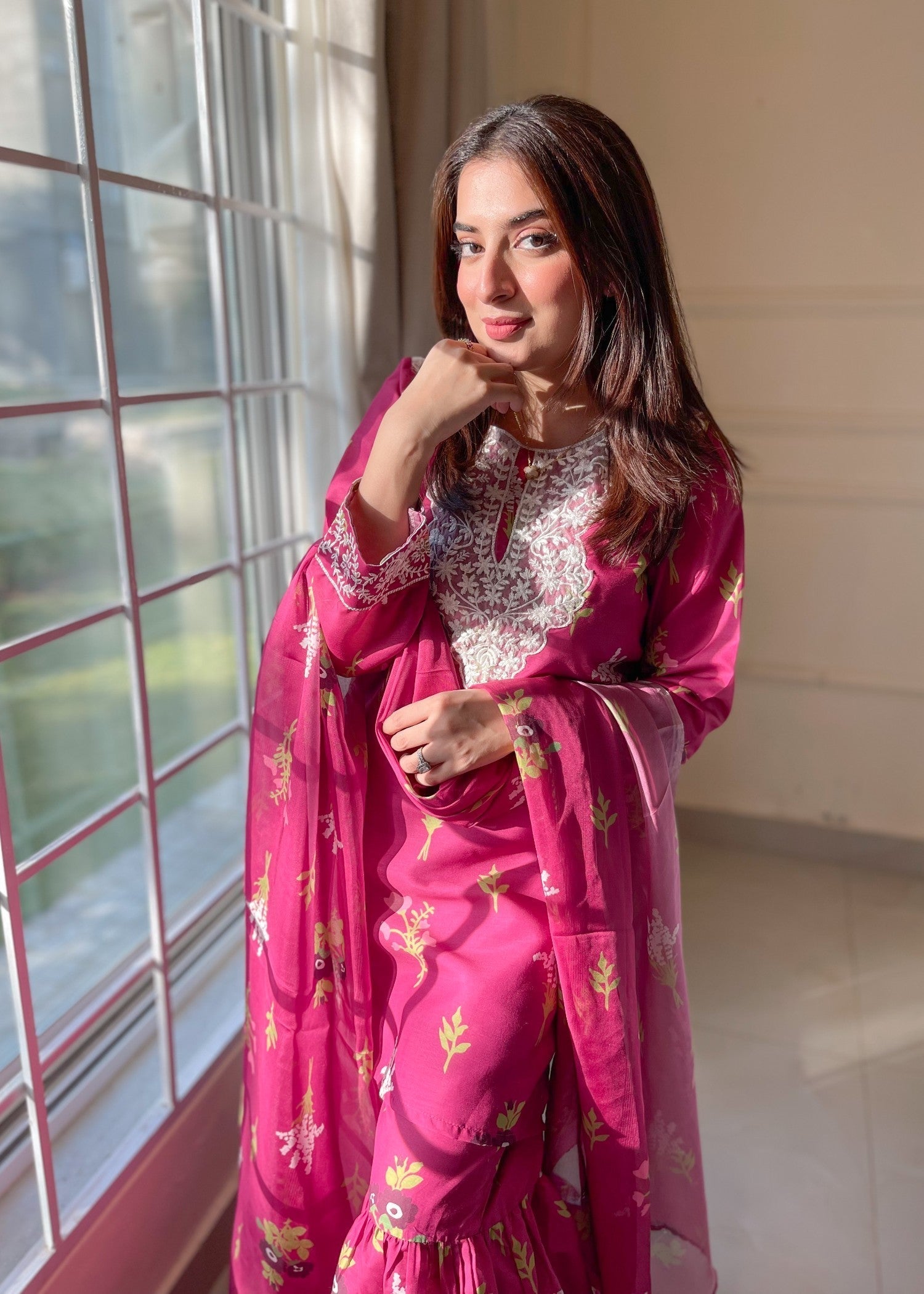 poly lawn Gharara in Fuchsia pink
