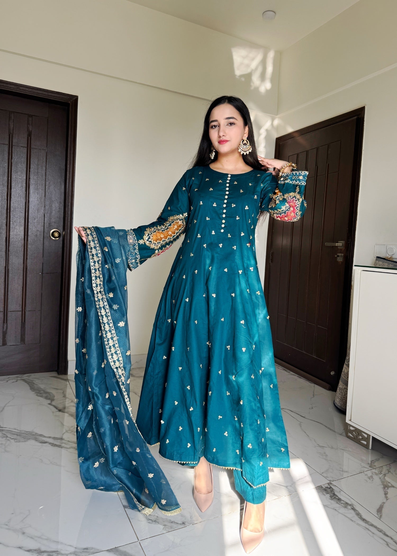 raw silk Pishwas in Teal