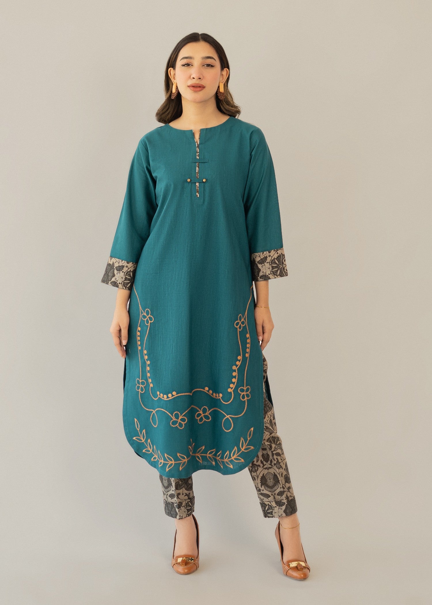 slub khaddar Kurta Set in Sea green