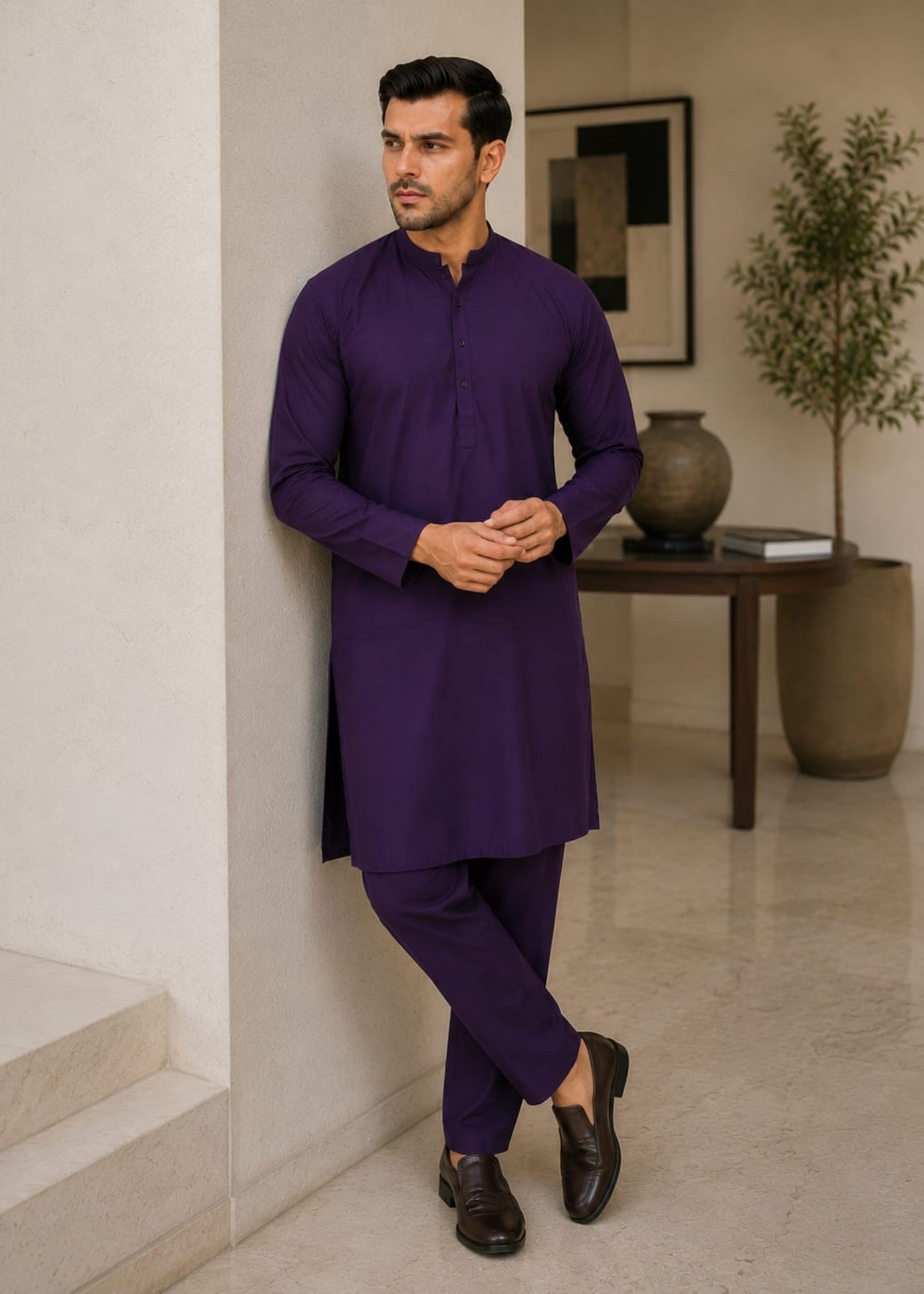 wash & wear Kurta Set in Plum purple