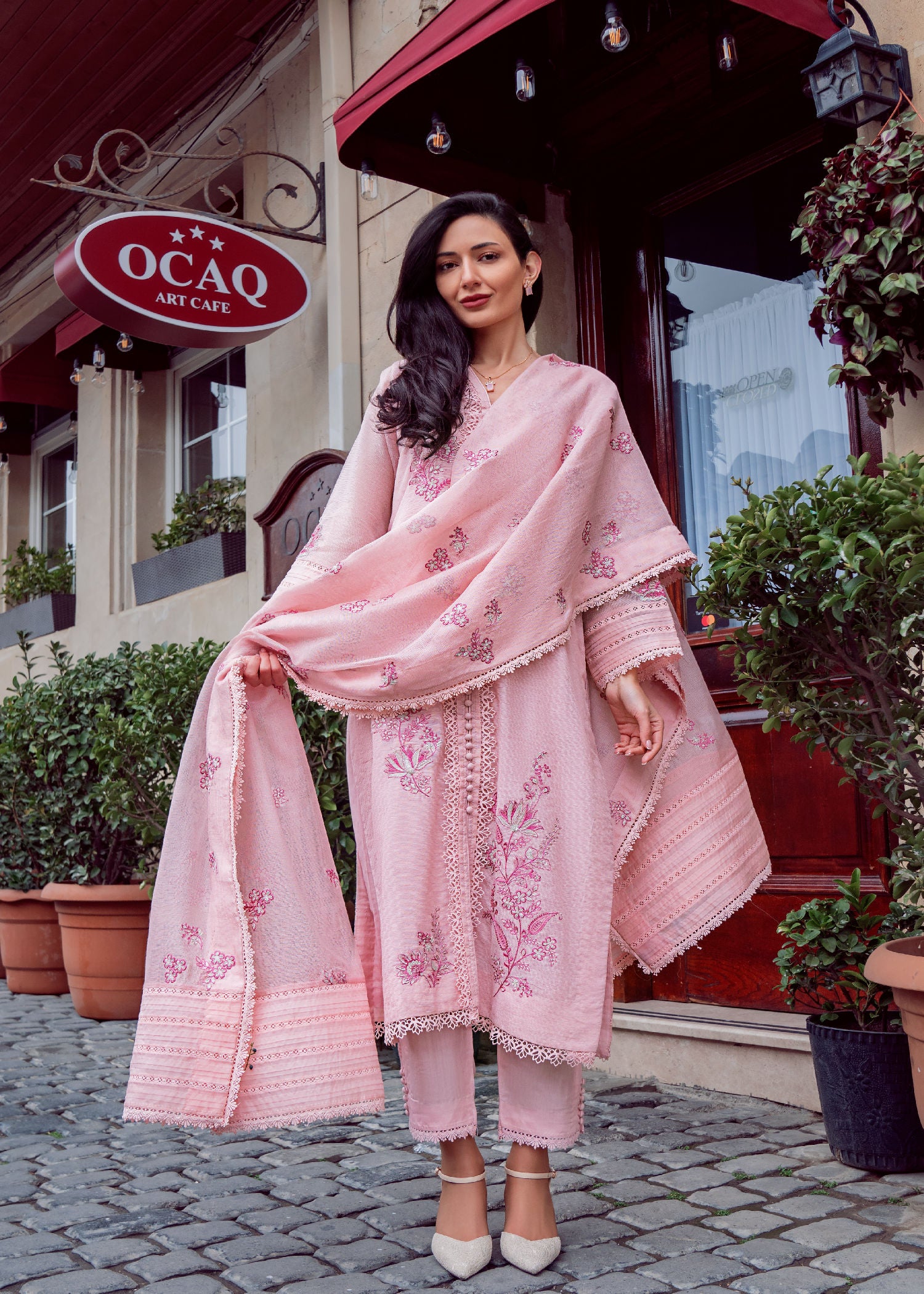 silk cotton net Kurta Set in Pastel pink