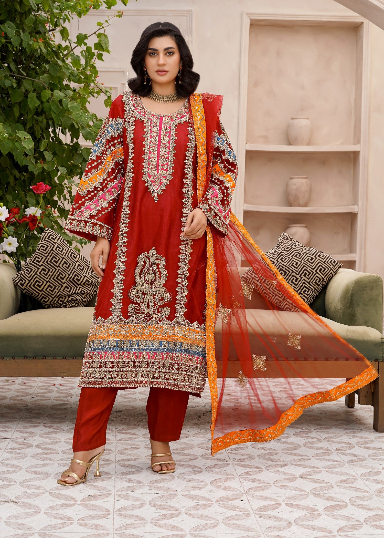 net Kurta Set in Ruby red