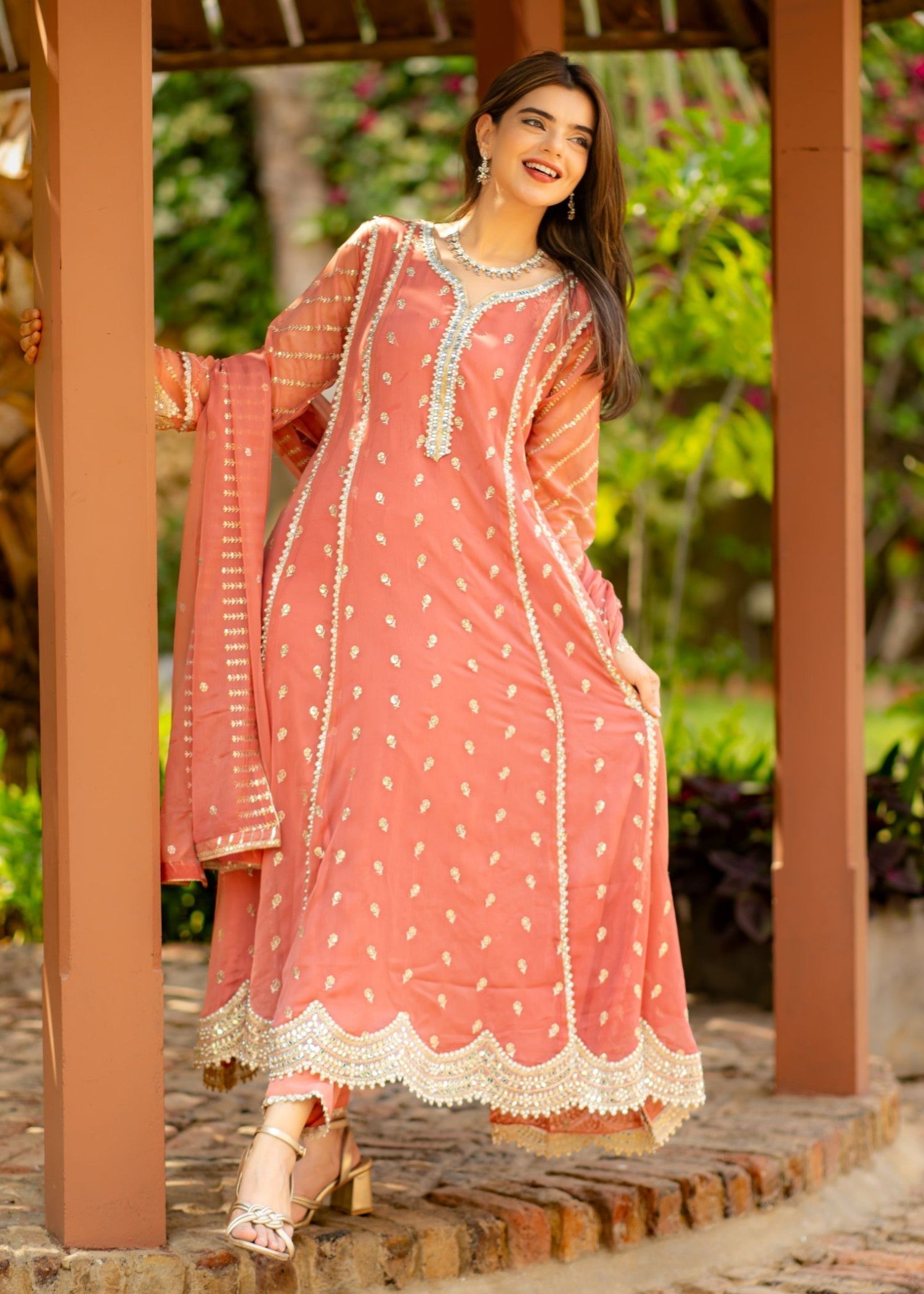 chiffon Pishwas in Peach pink