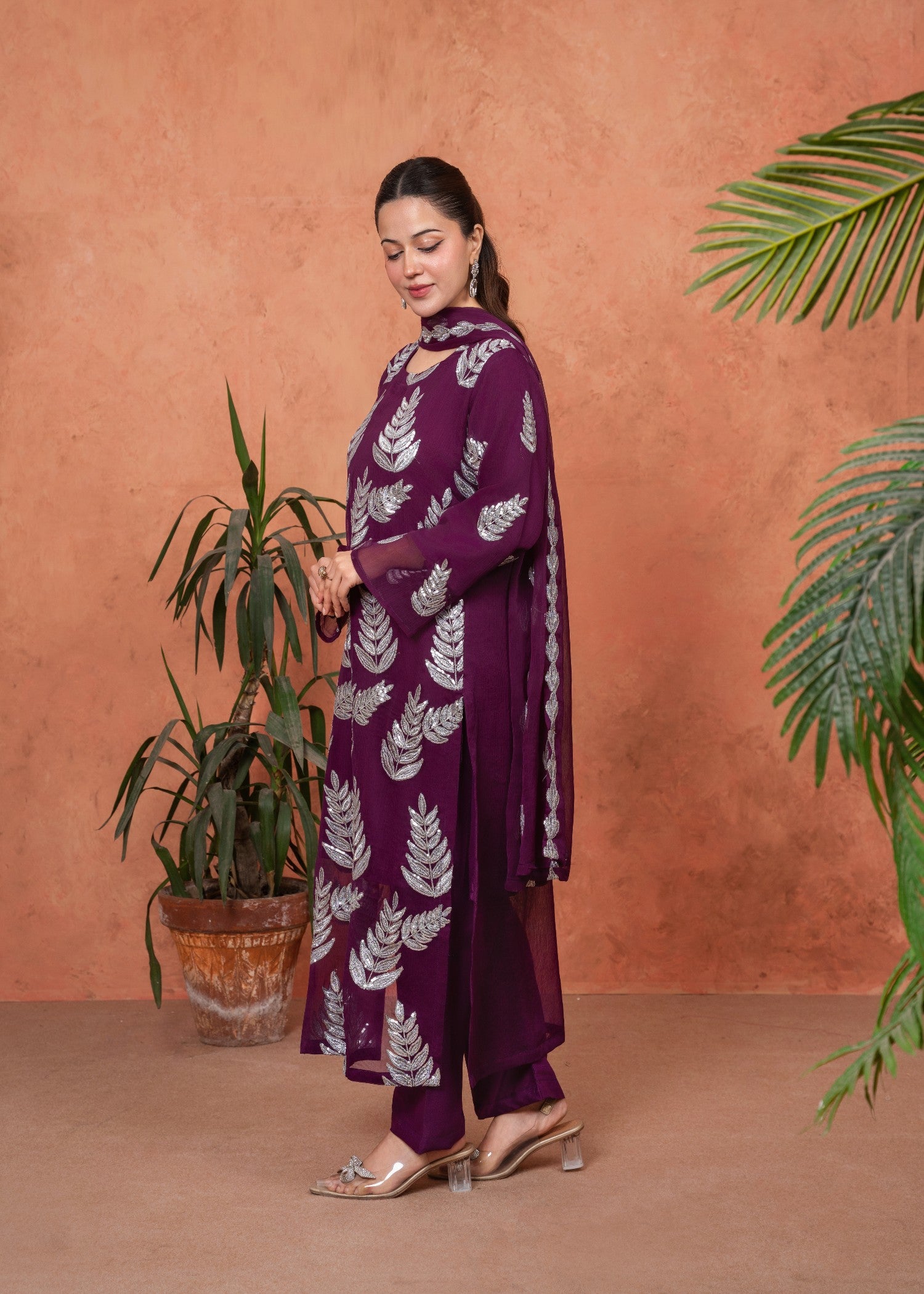 crinkle chiffon Kurta Set in Purple