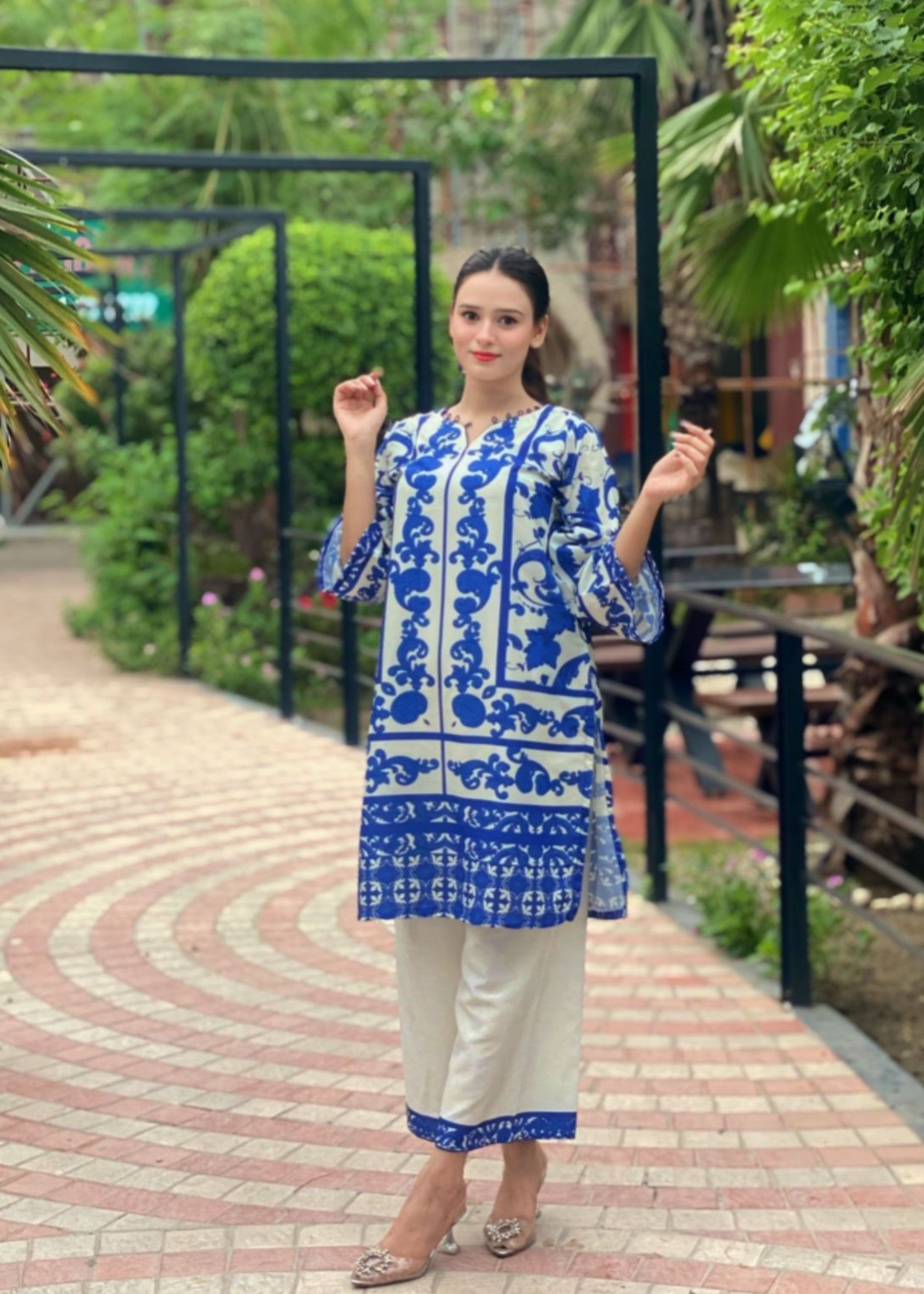 poly lawn Kurta Set in Off-white, blue