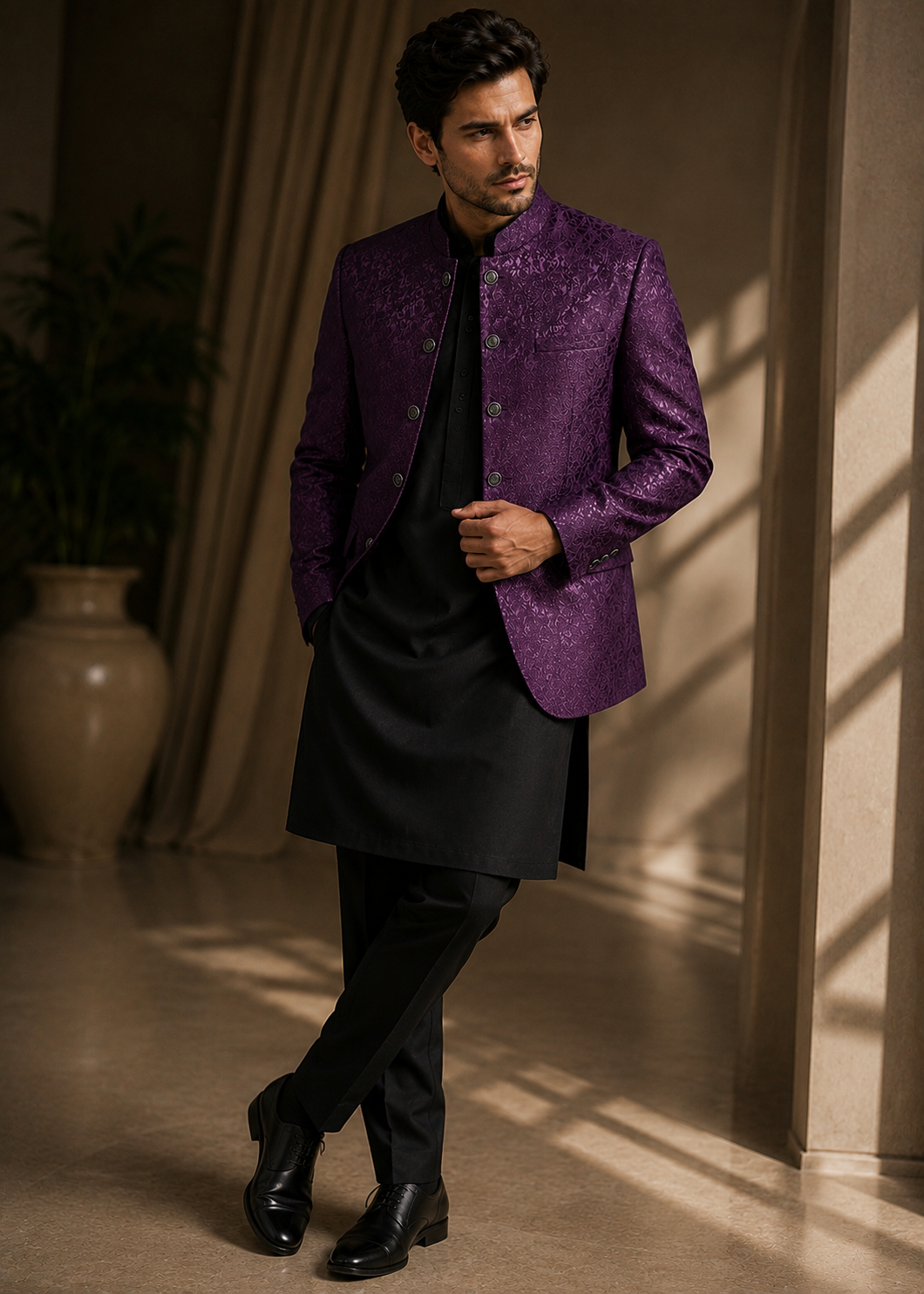 traditional jamawar Prince Coat in Plum purple