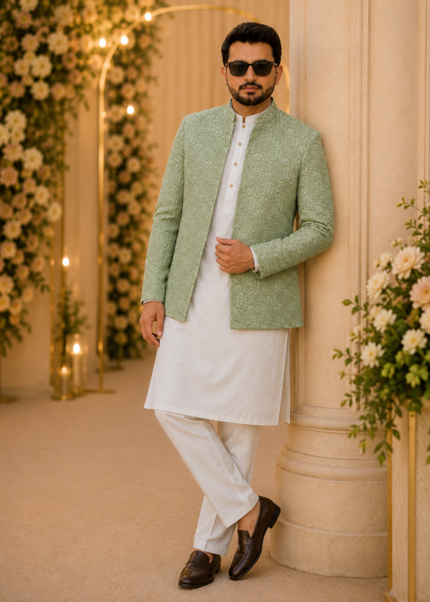 jamawar Prince Coat in Mint green