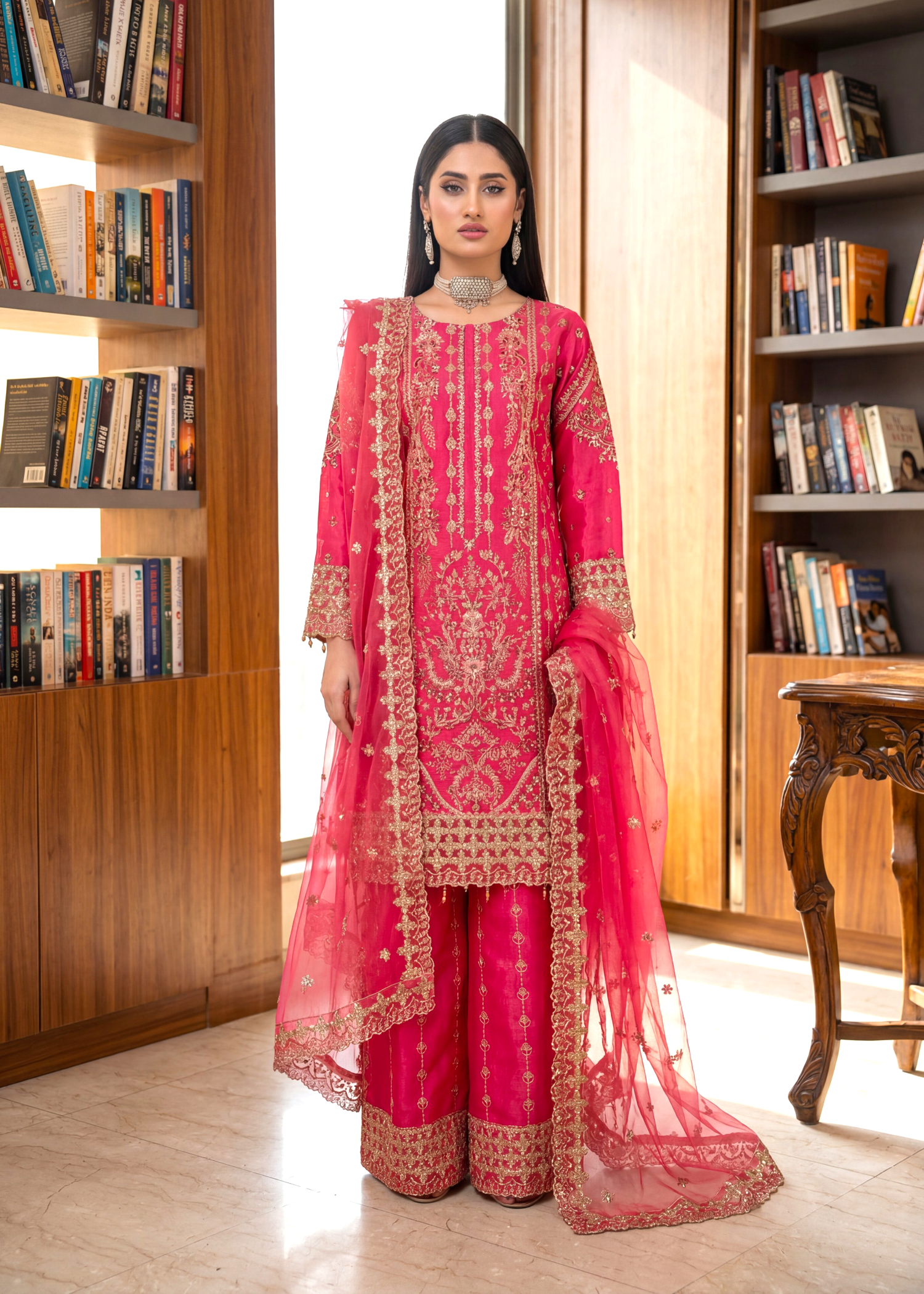 pk raw silk Kurta Set in Hot pink red
