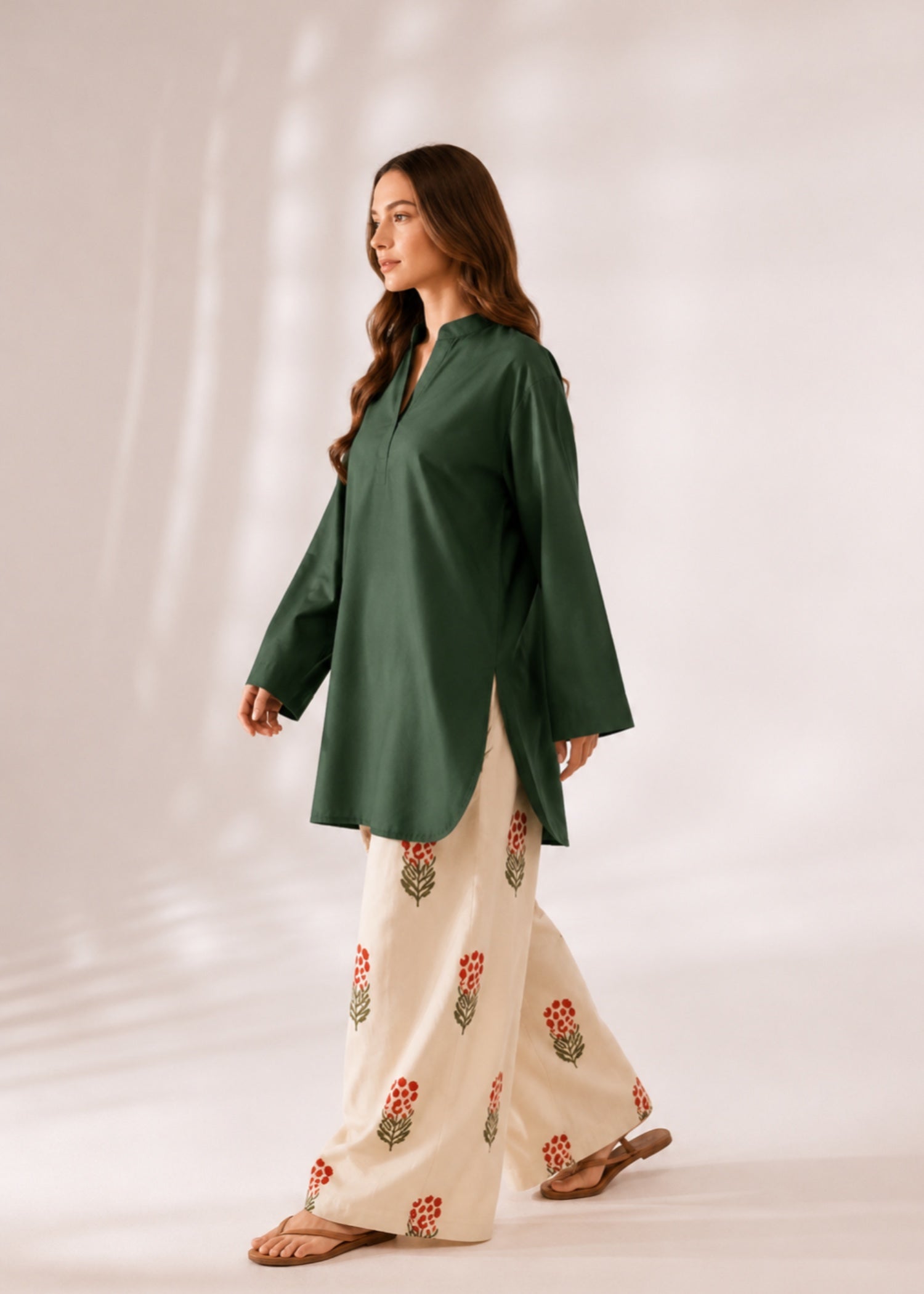 linen Kurta Set in Bottle green, off-white