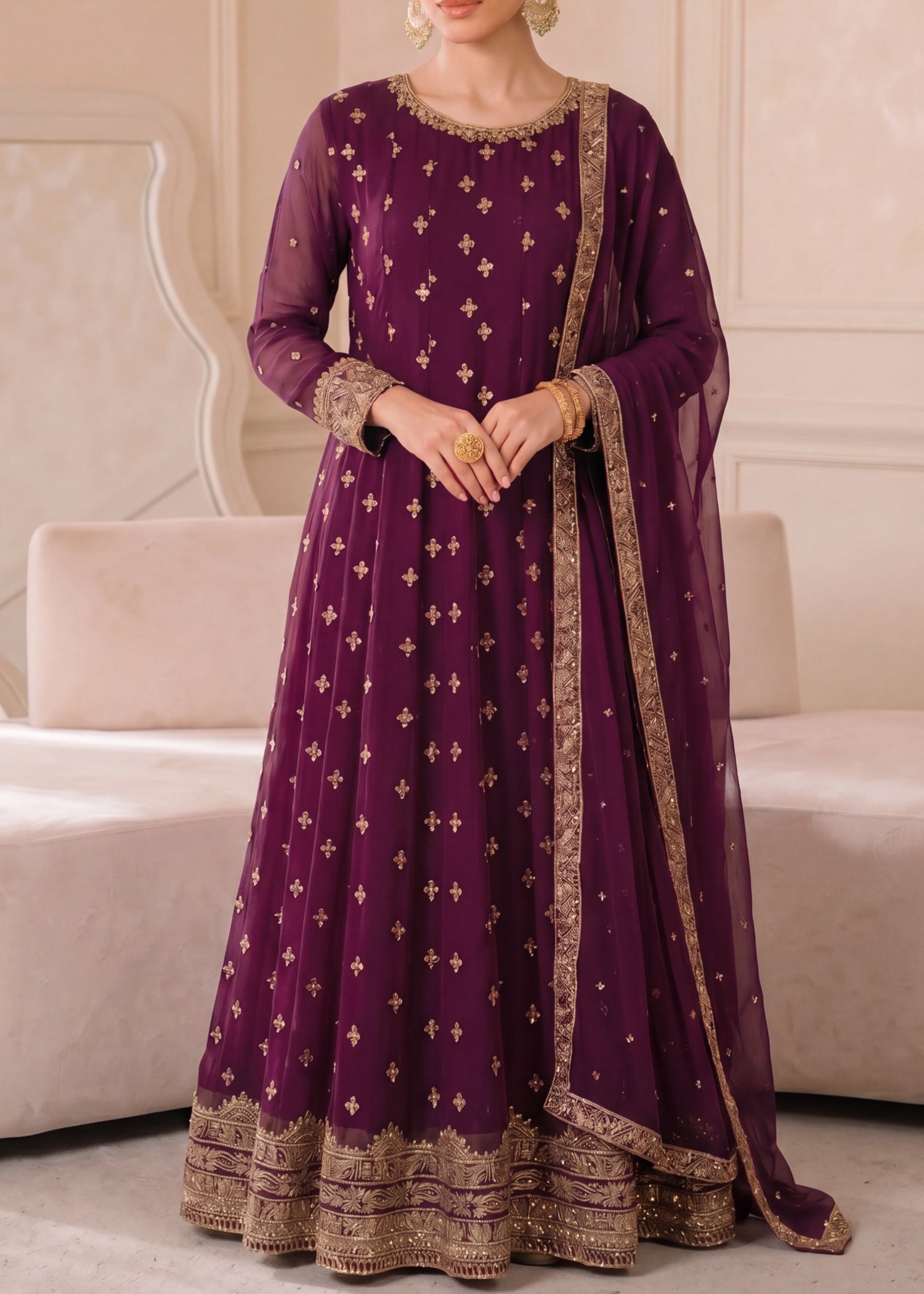 chiffon Pishwas in Plum purple