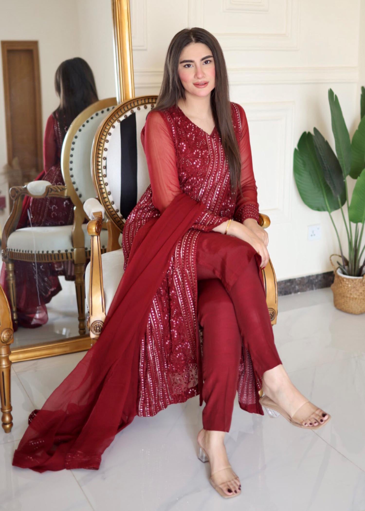 chikankari cotton Angrakha in Maroon