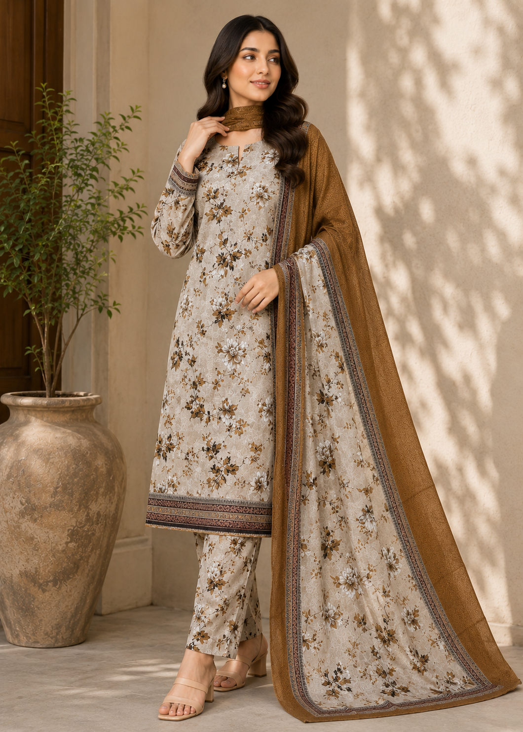 cotton Unstitched in Beige, walnut brown