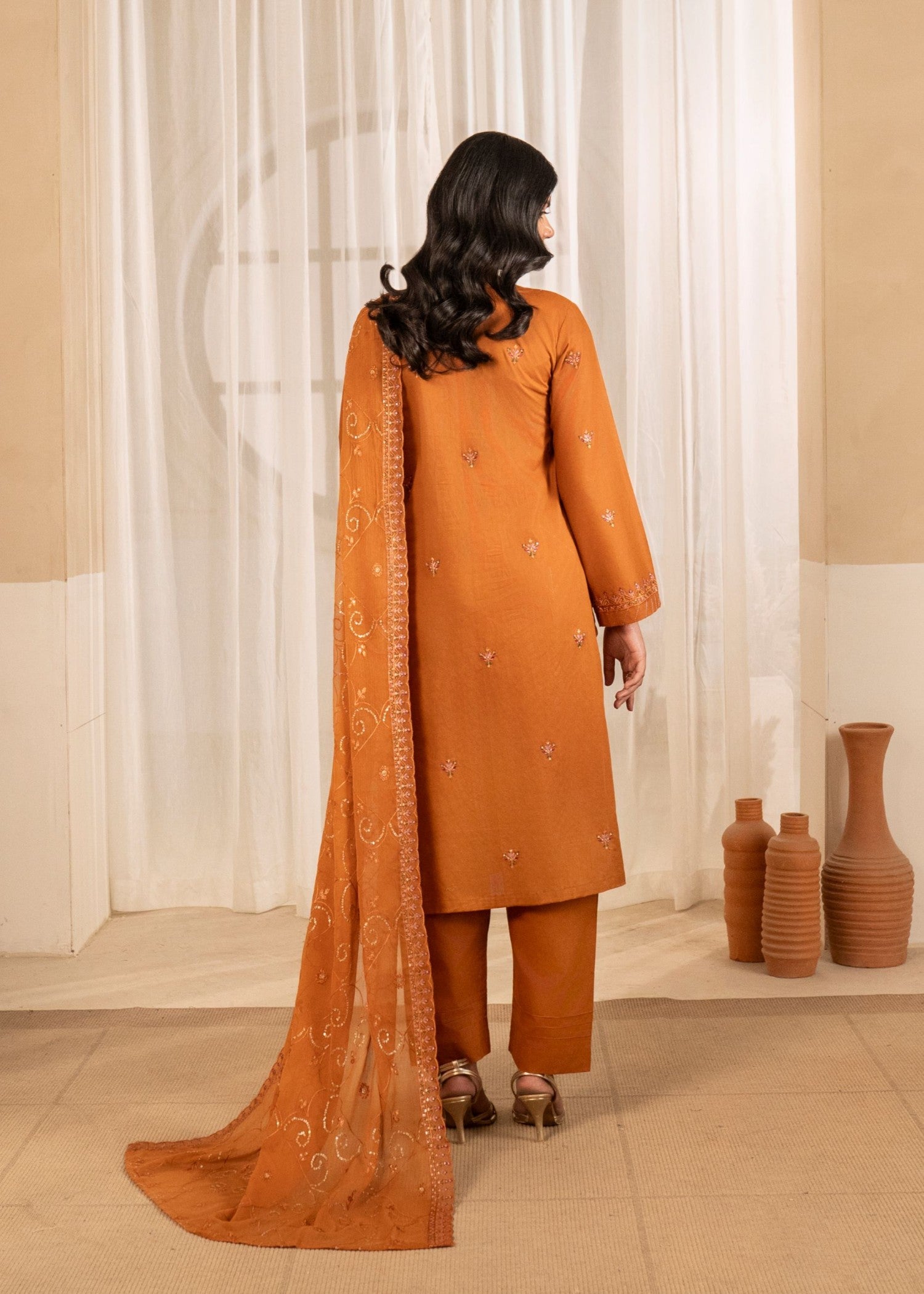 cotton Kurta Set in Bronze orange