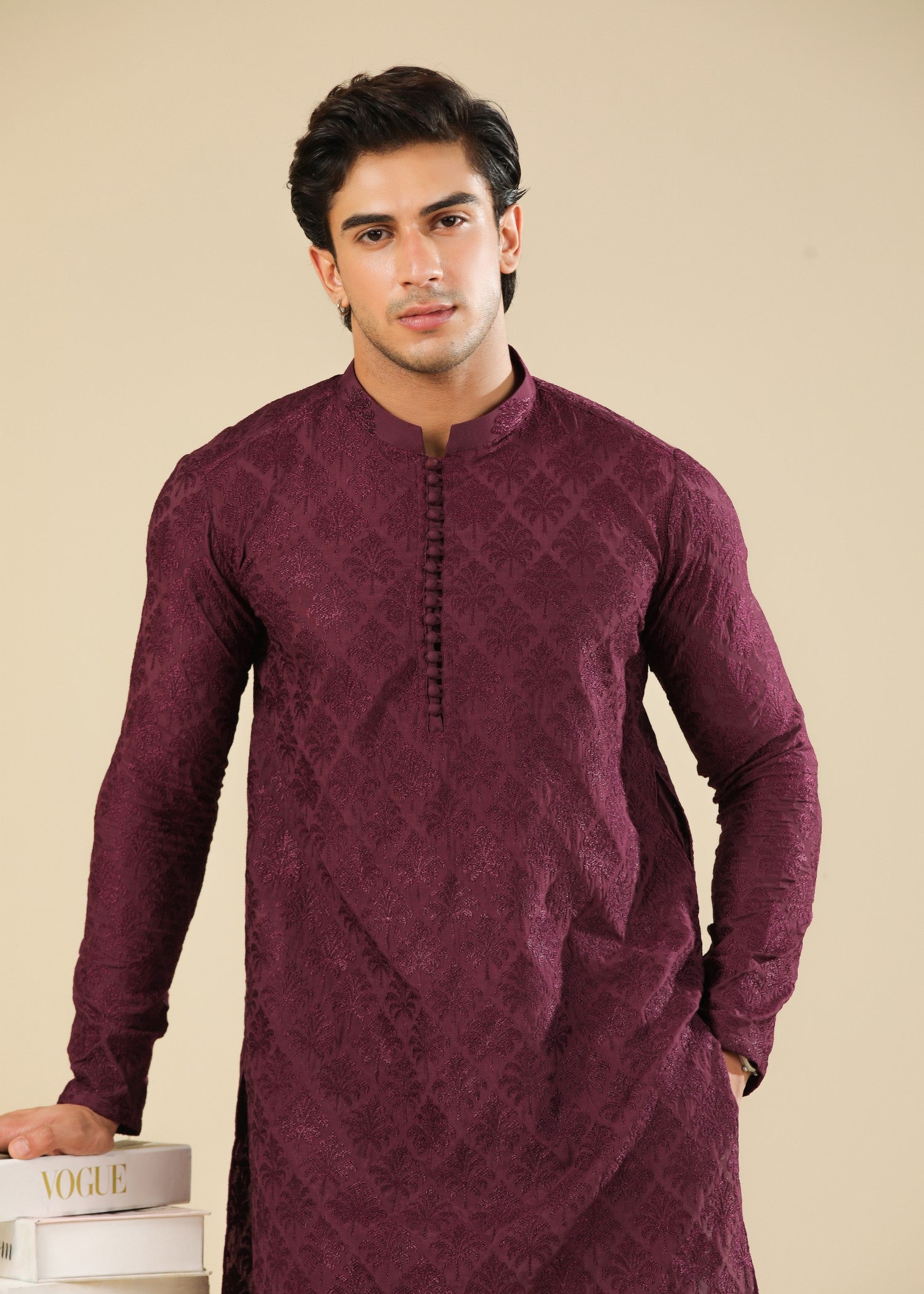 raw silk Kurta Set in Maroon, white