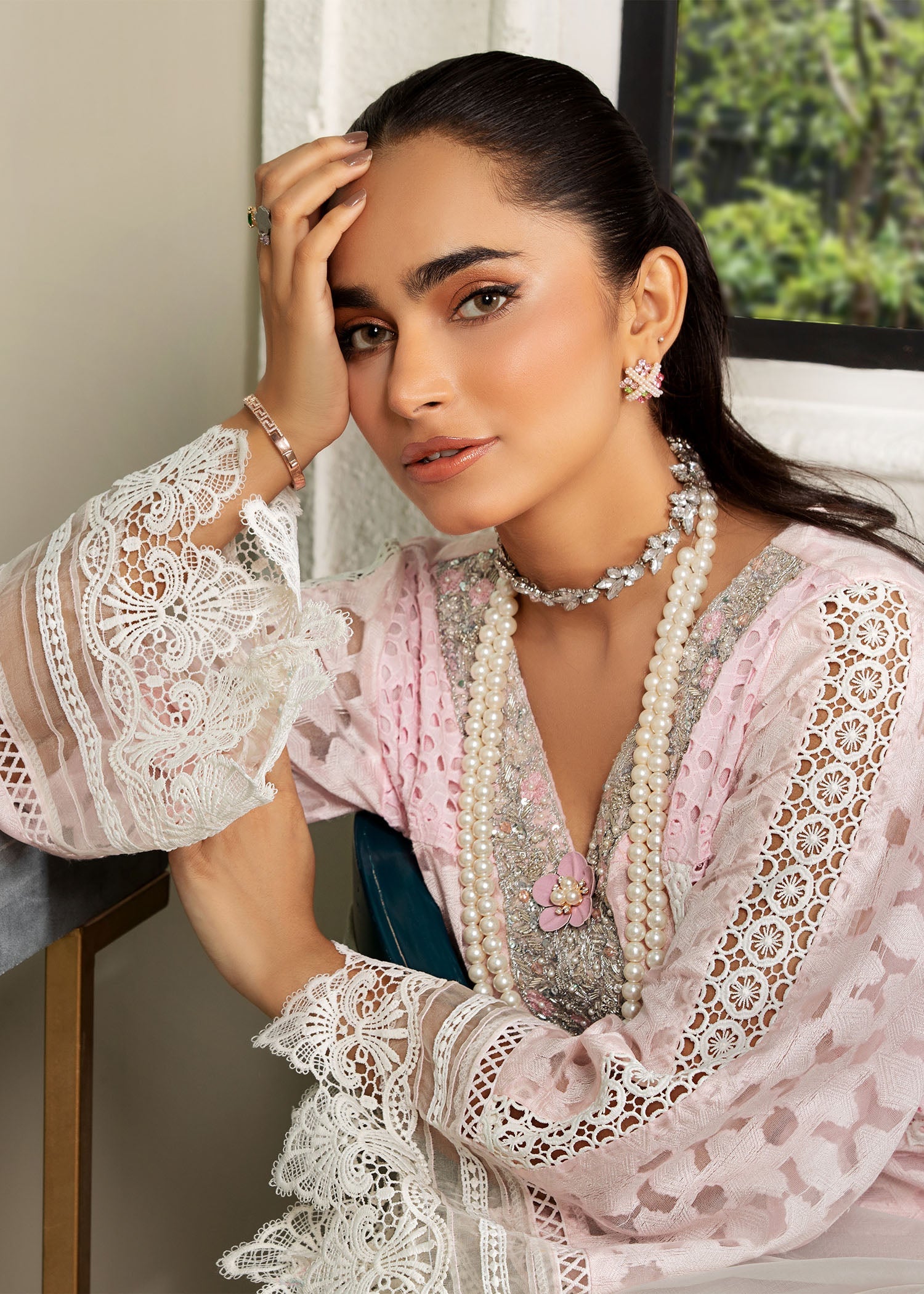 self-textured organza Kurta Set in Pastel pink