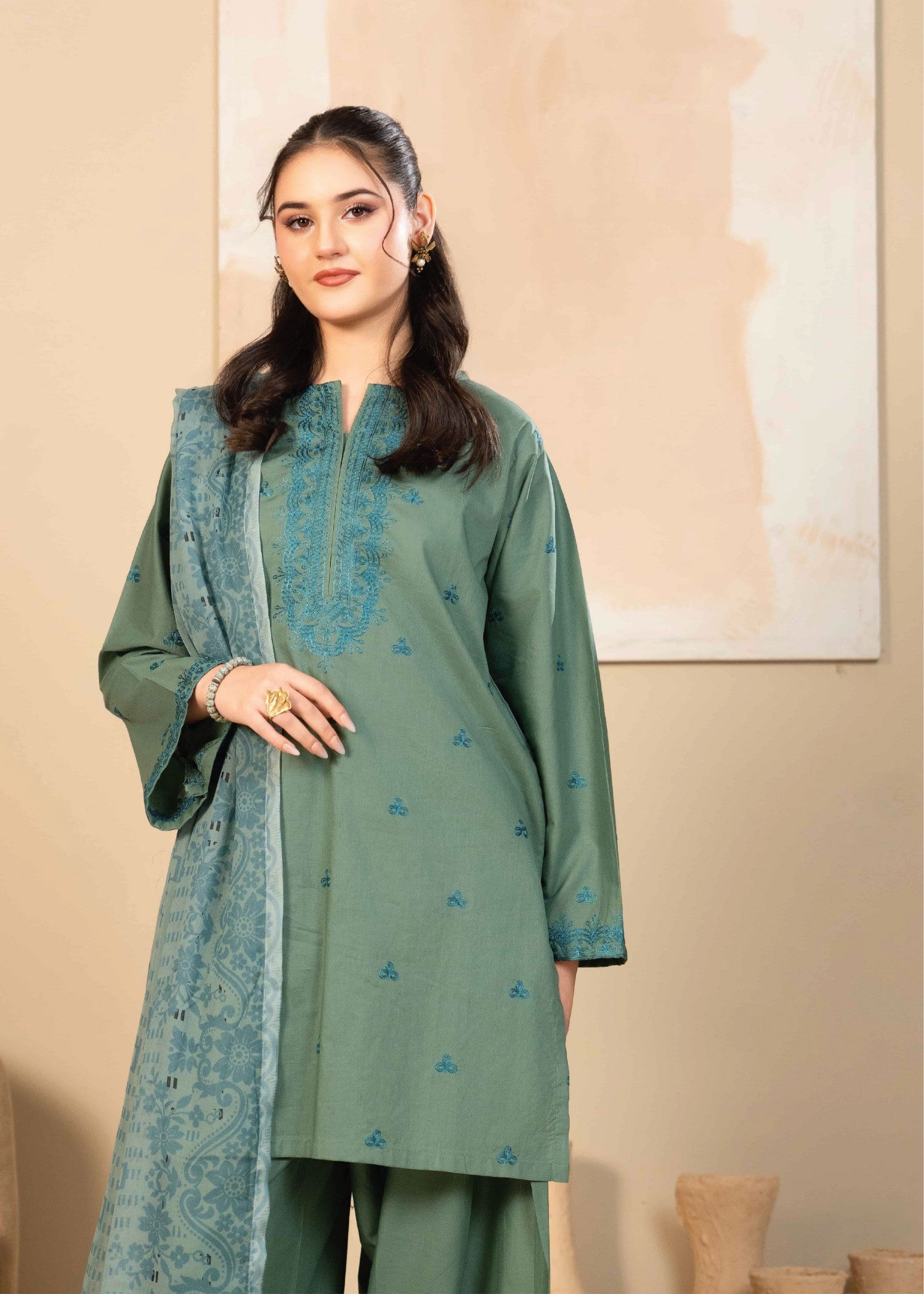 lawn cotton Kurta Set in Sage green