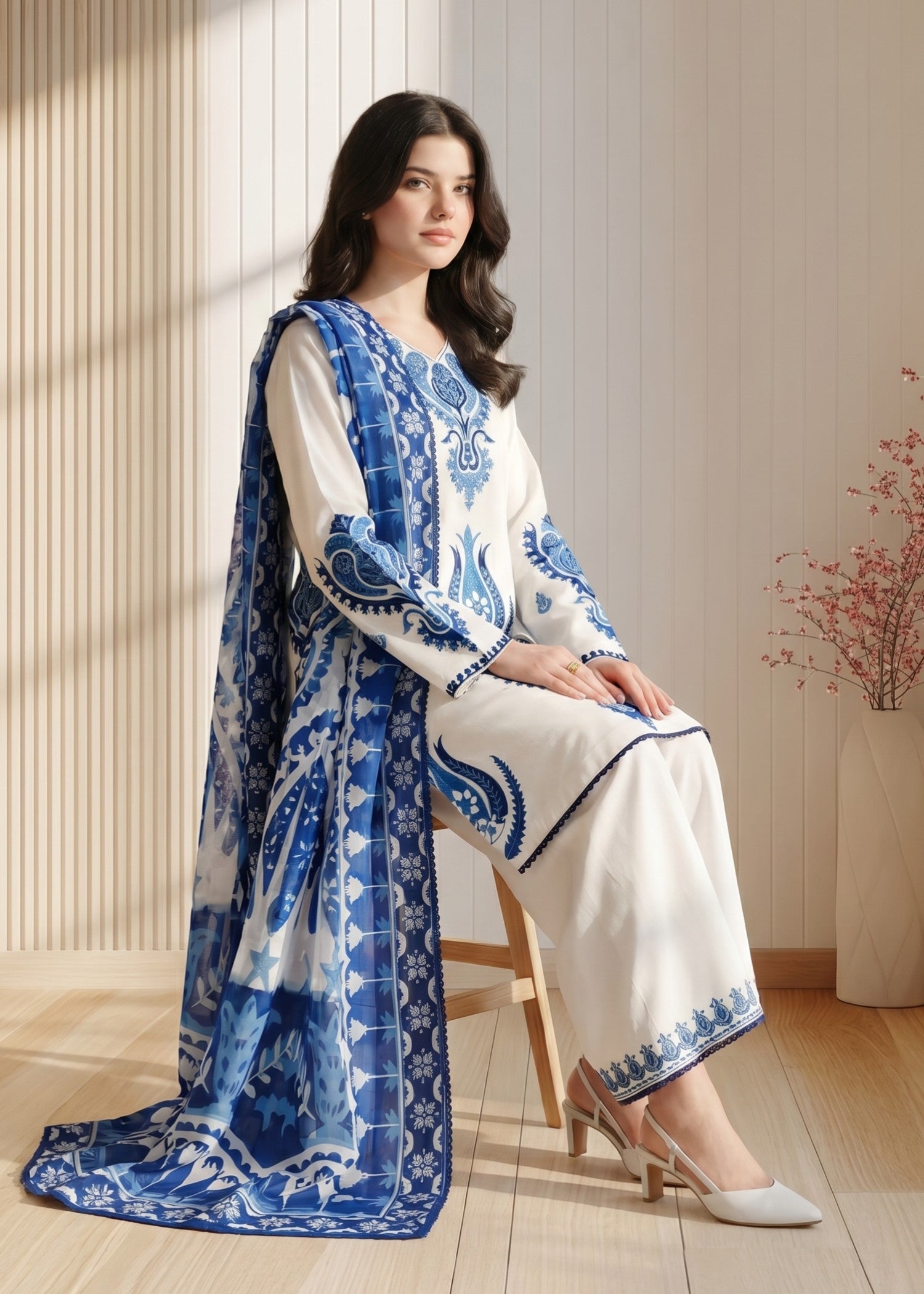lawn cotton Kurta Set in White