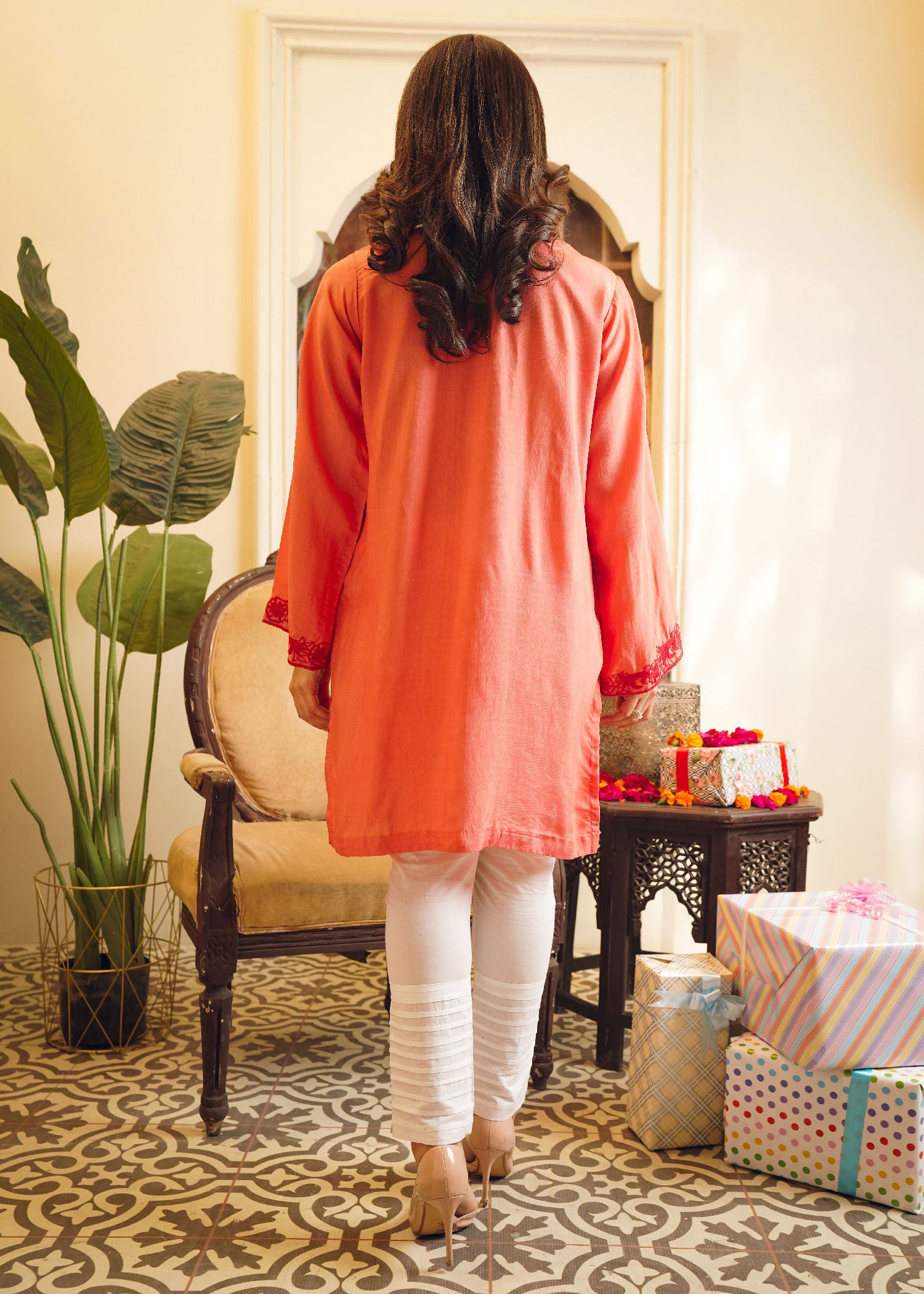 cotton silk Kurti in Coral orange