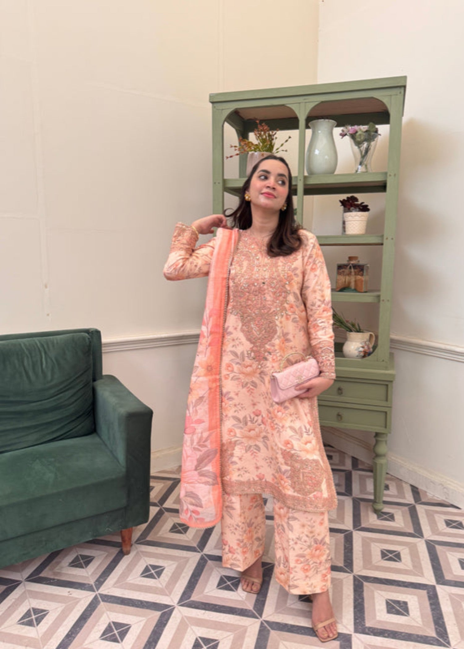 cotton dobby Kurta Set in Peach pink