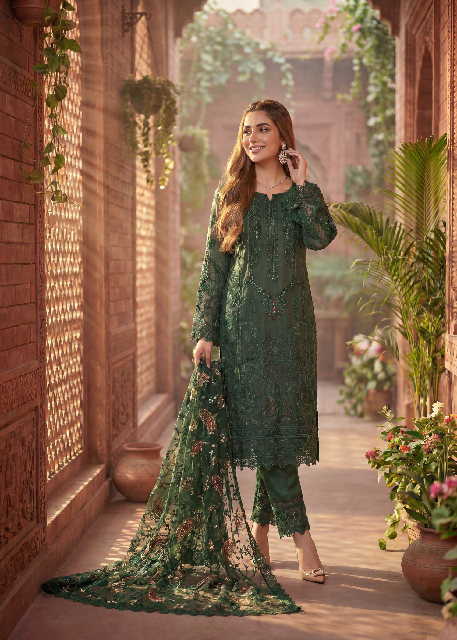 net Kurta Set in Bottle green