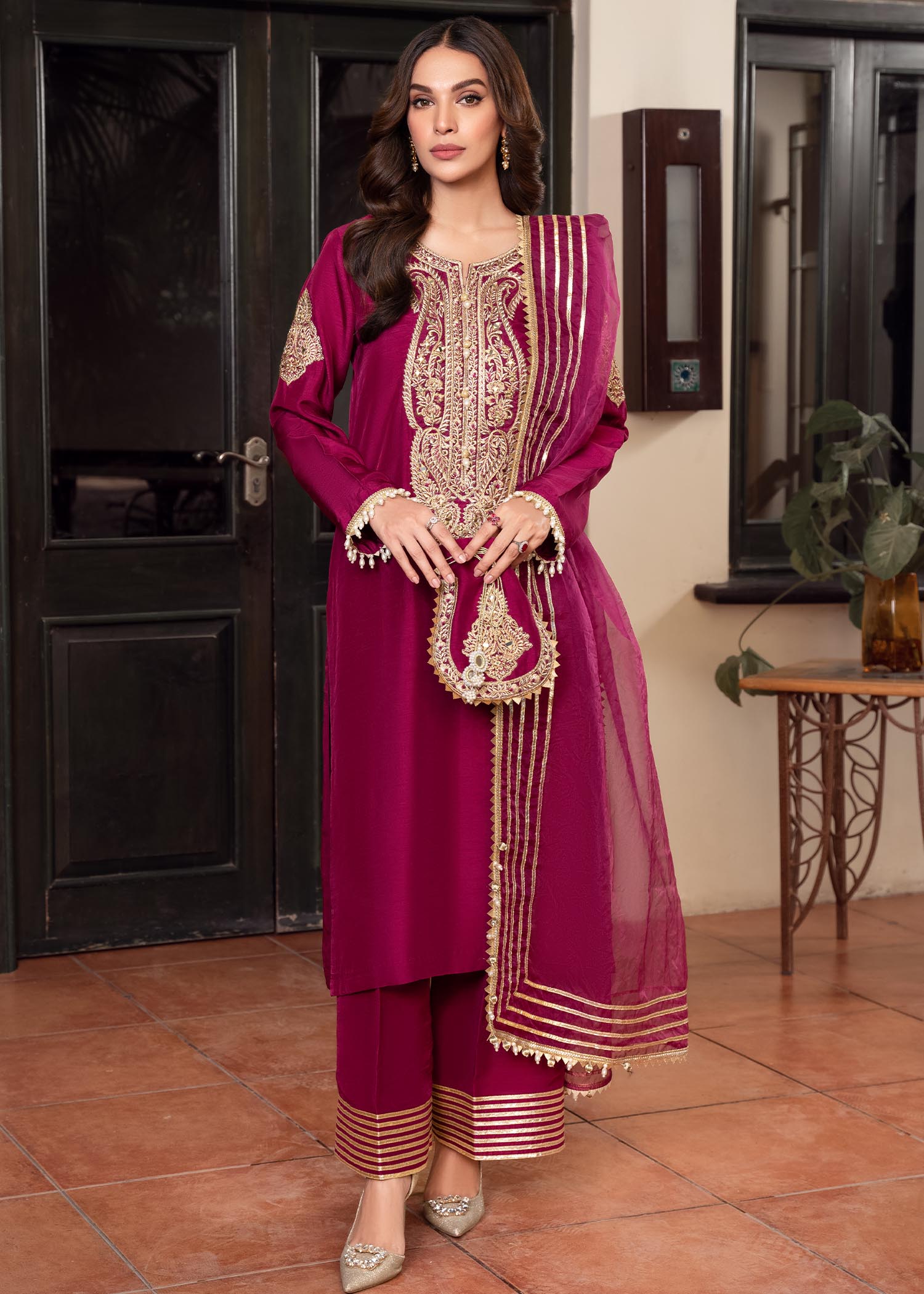 khaddi silk Kurta Set in Magenta