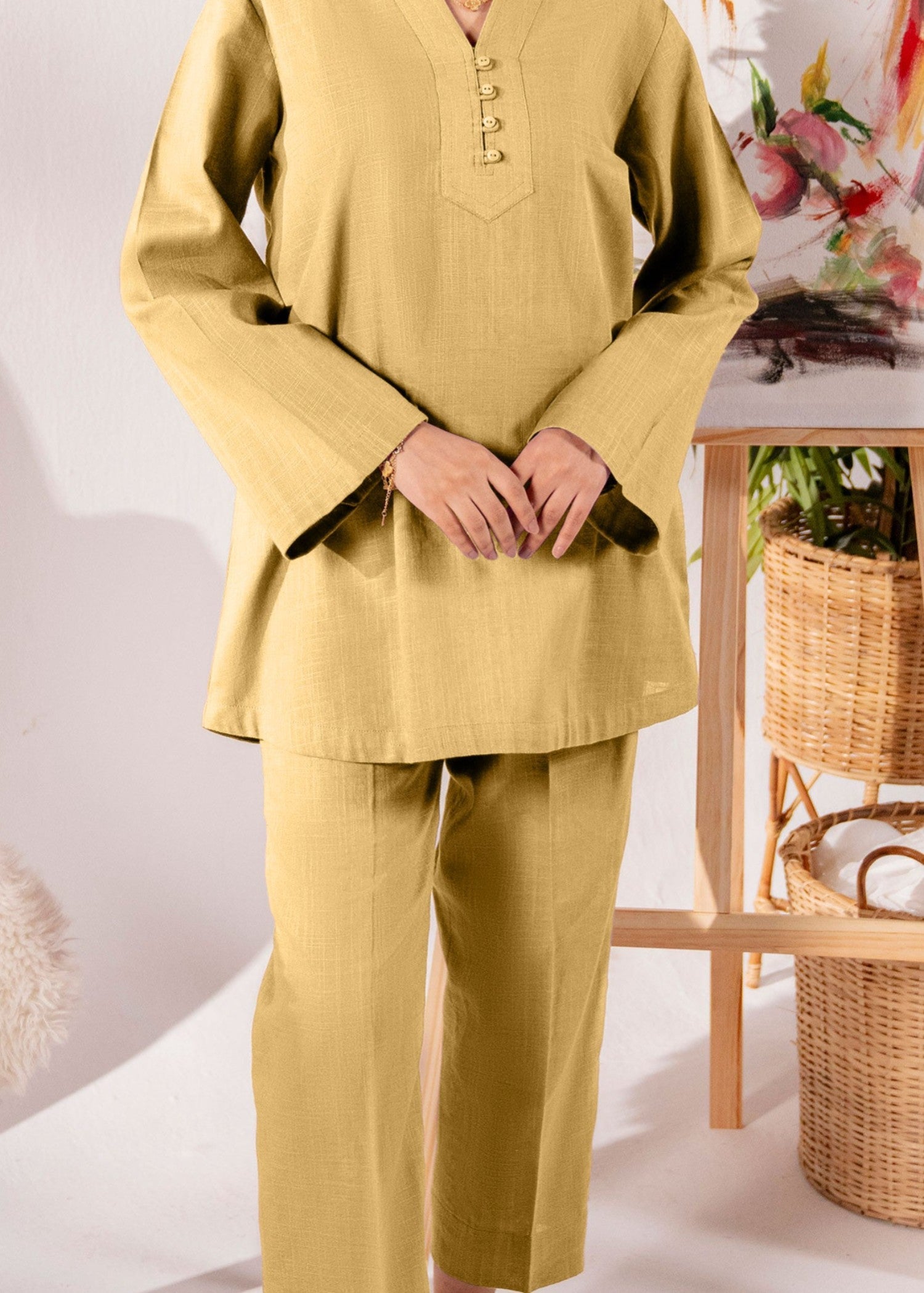 slub khaddar Co Ord Sets in Mellow yellow