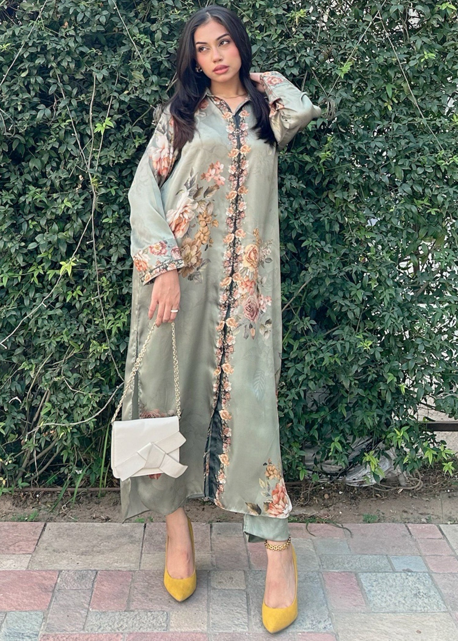 satin silk Kurta Set in Sage green