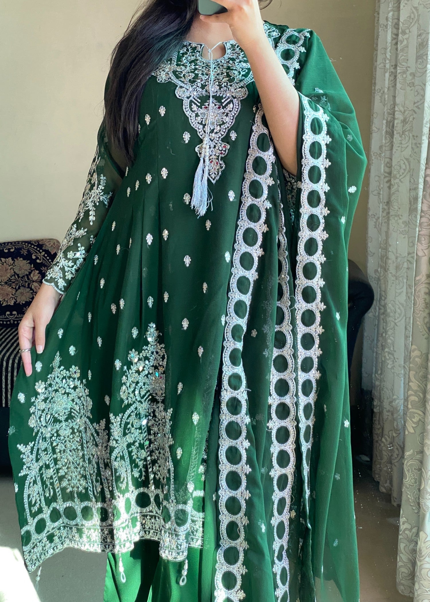chiffon Short Frock in Bottle green