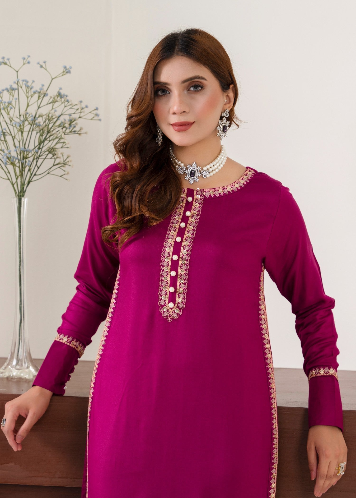 twill khaddar Kurta Set in Plum