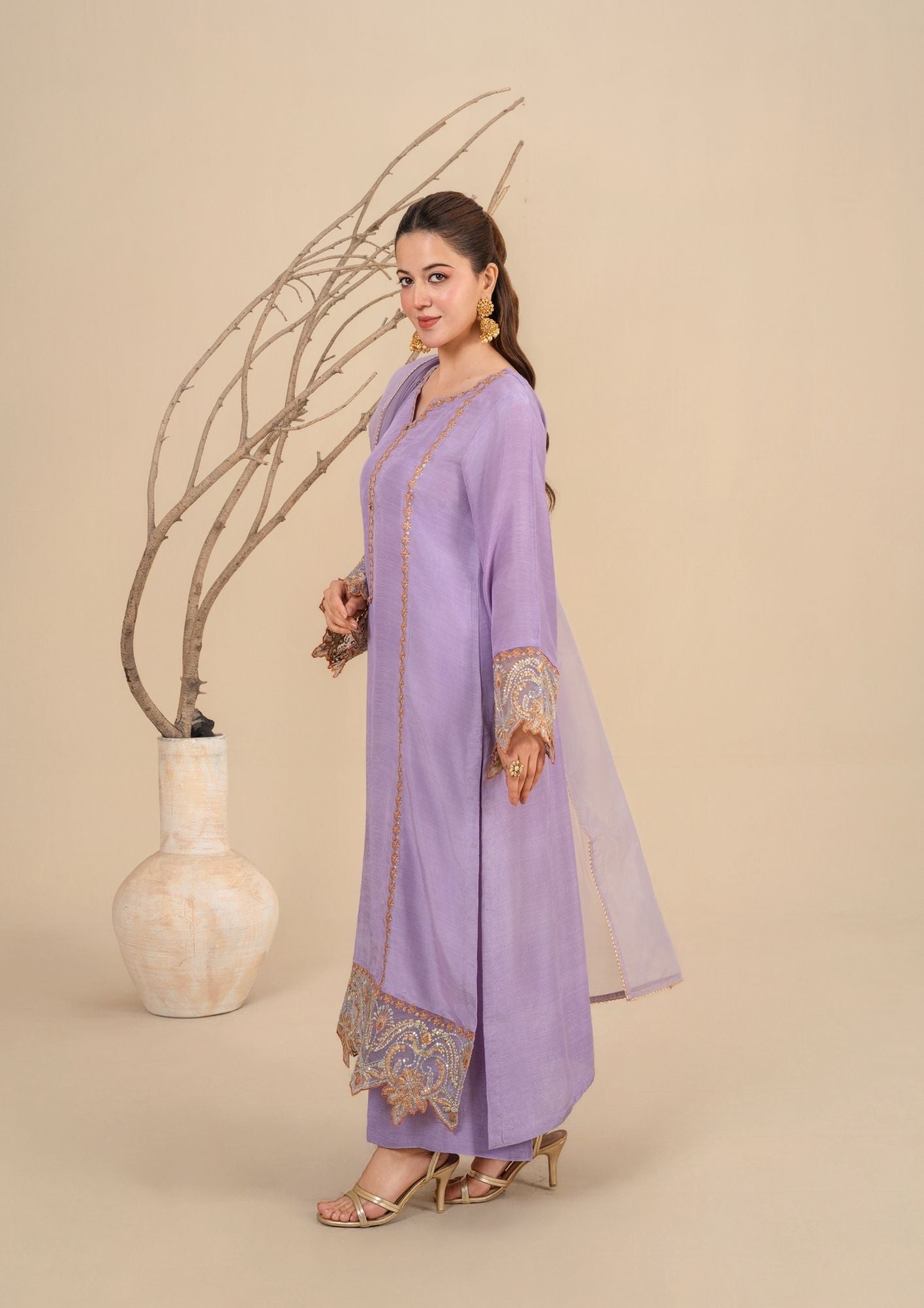 viscose raw silk Kurta Set in Lilac