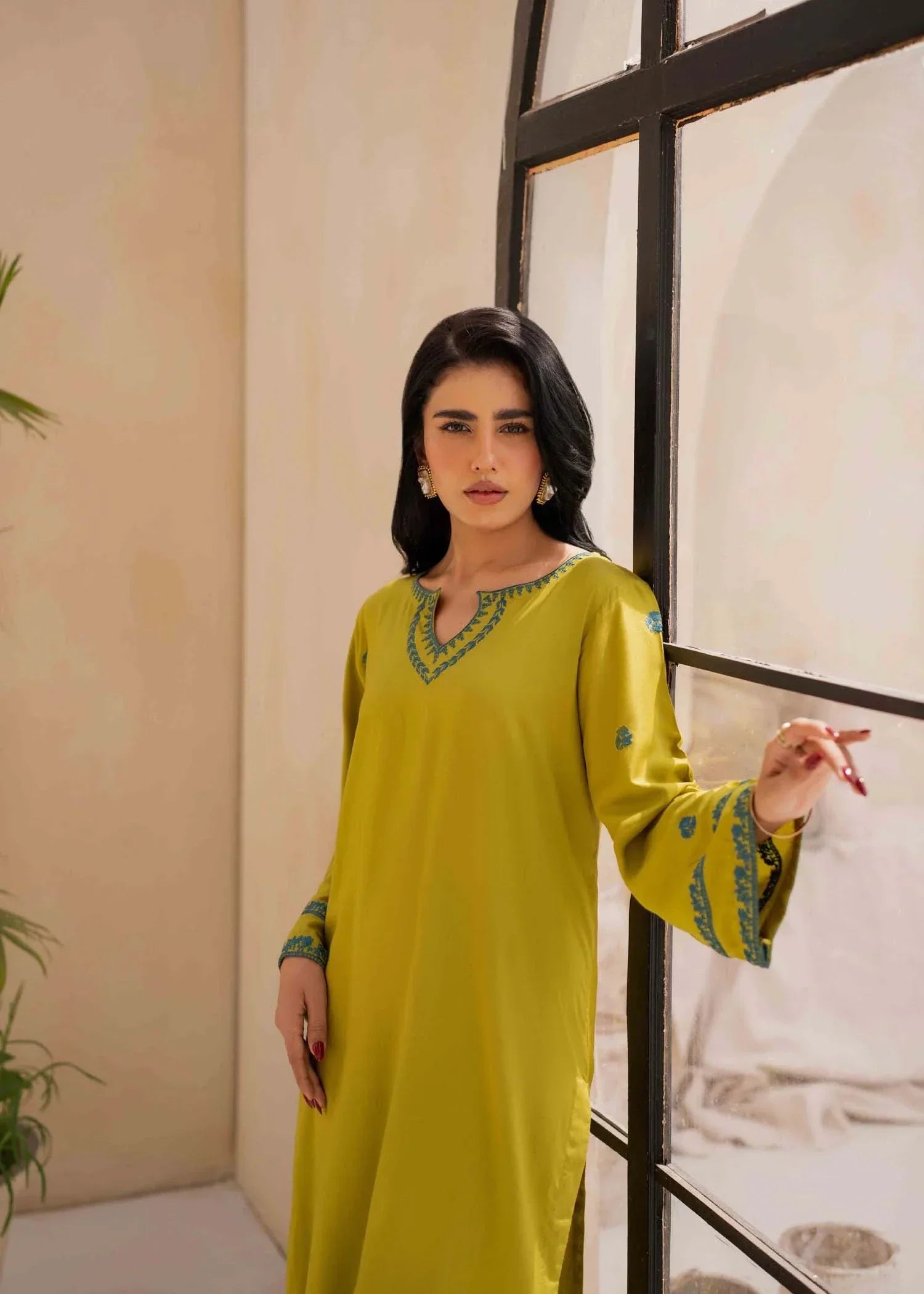tropical Kurta Set in Lime green