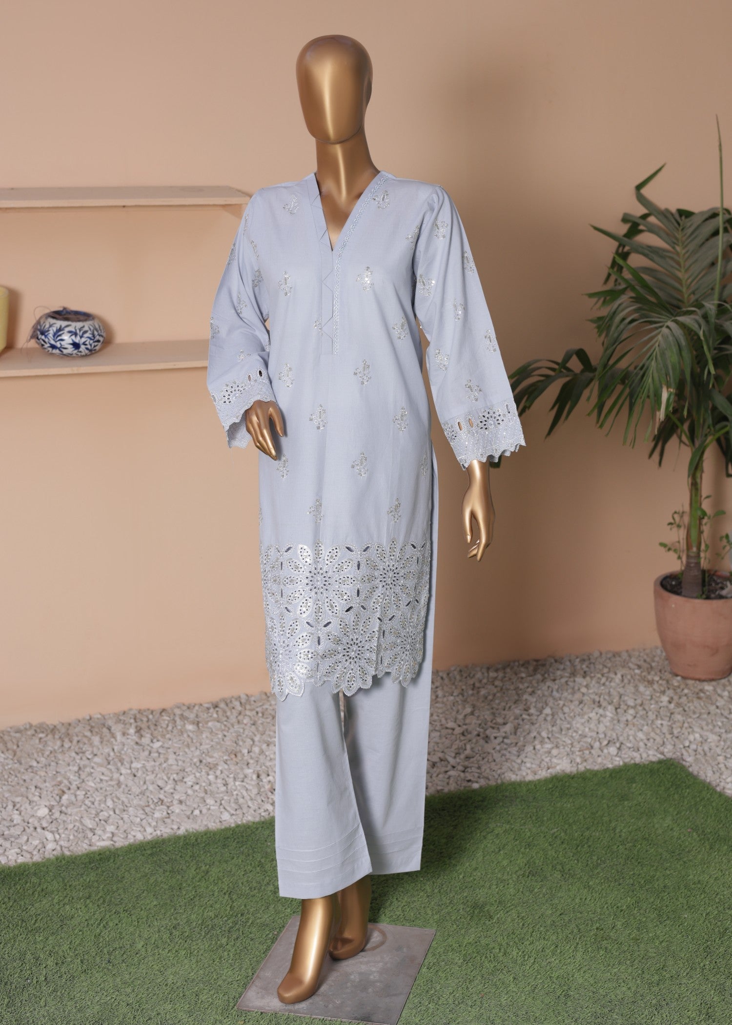 cambric Kurta Set in Ash grey