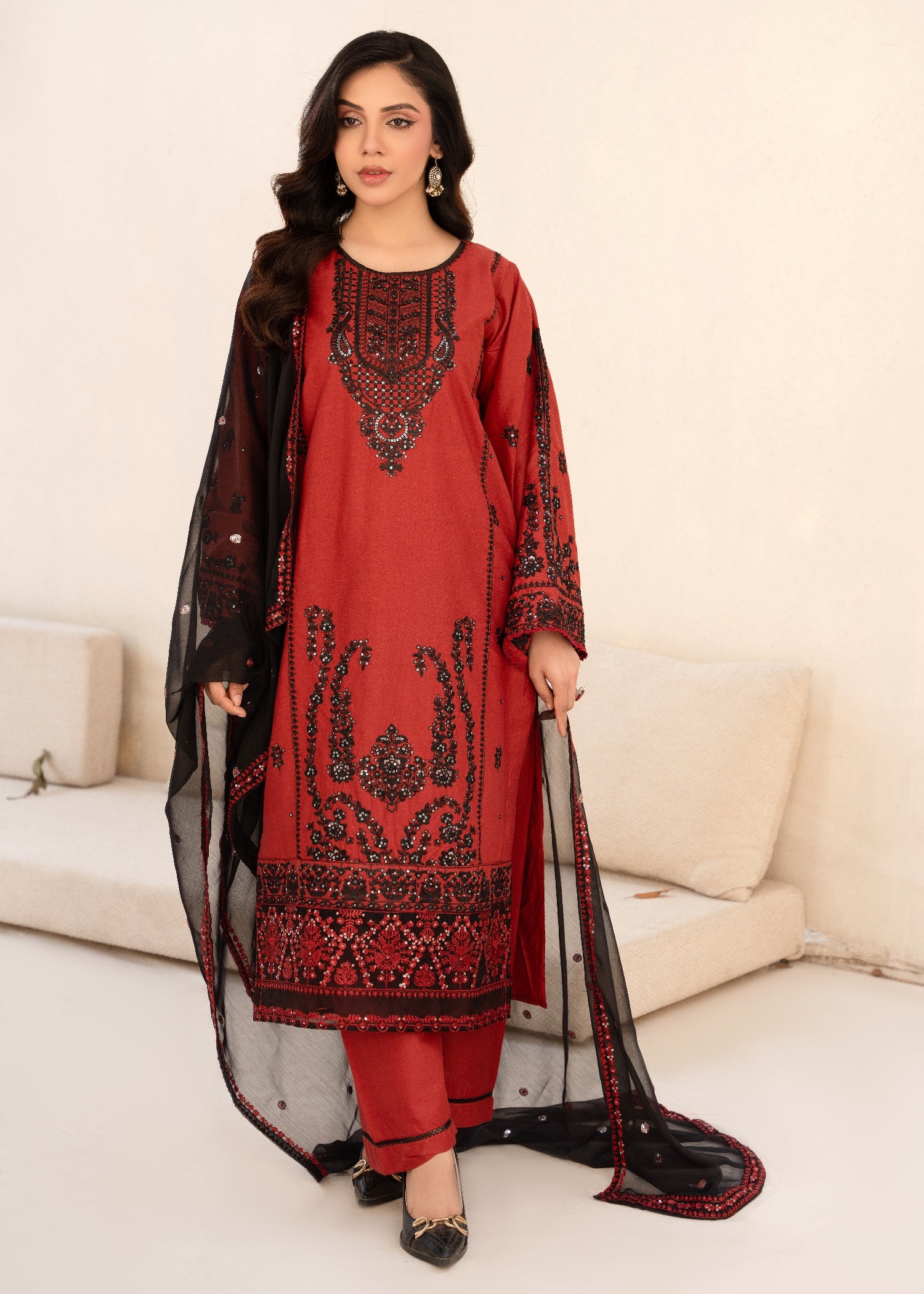 cambric Kurta Set in Rust red