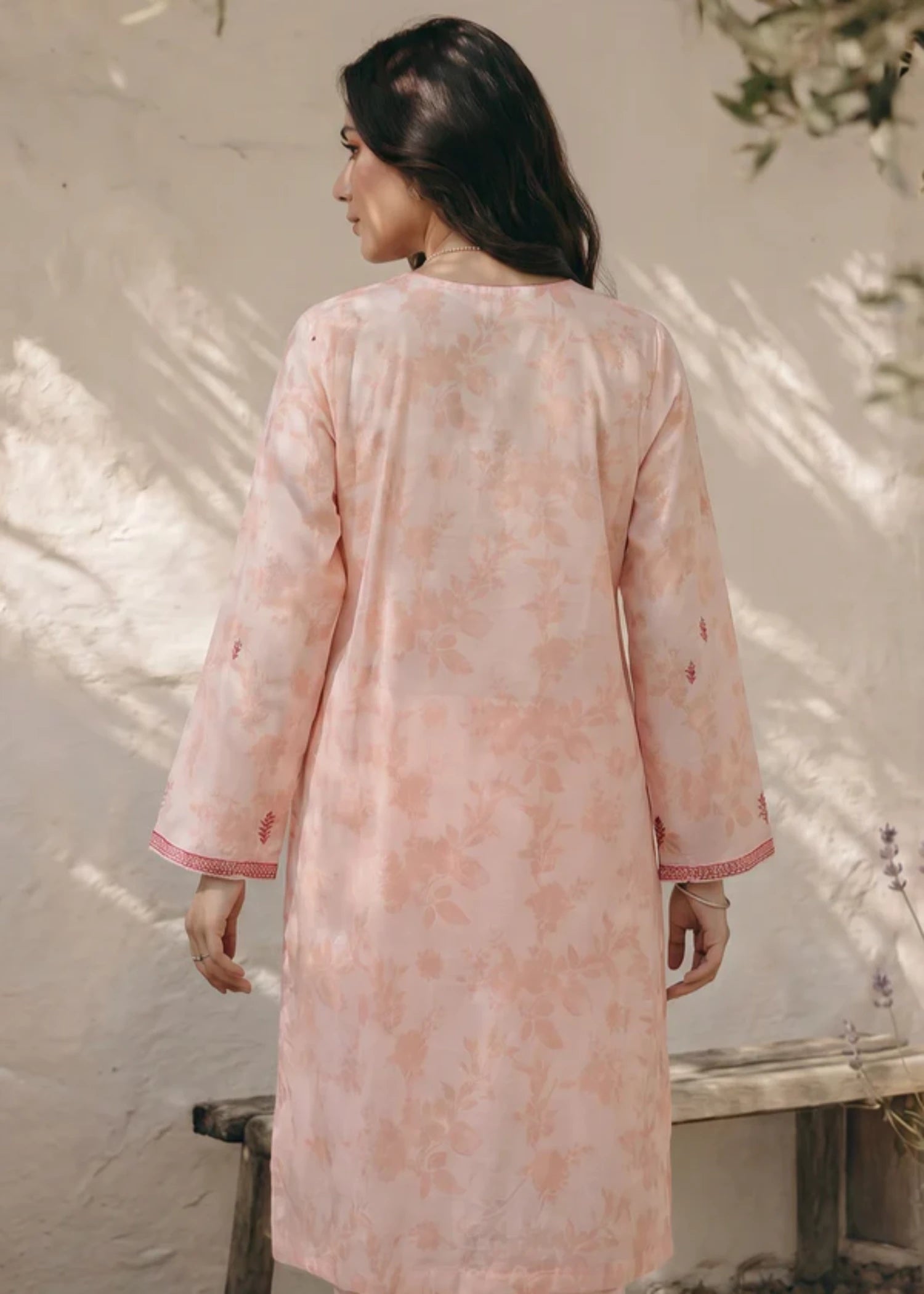 slub lawn Kurta Set in Peach pink
