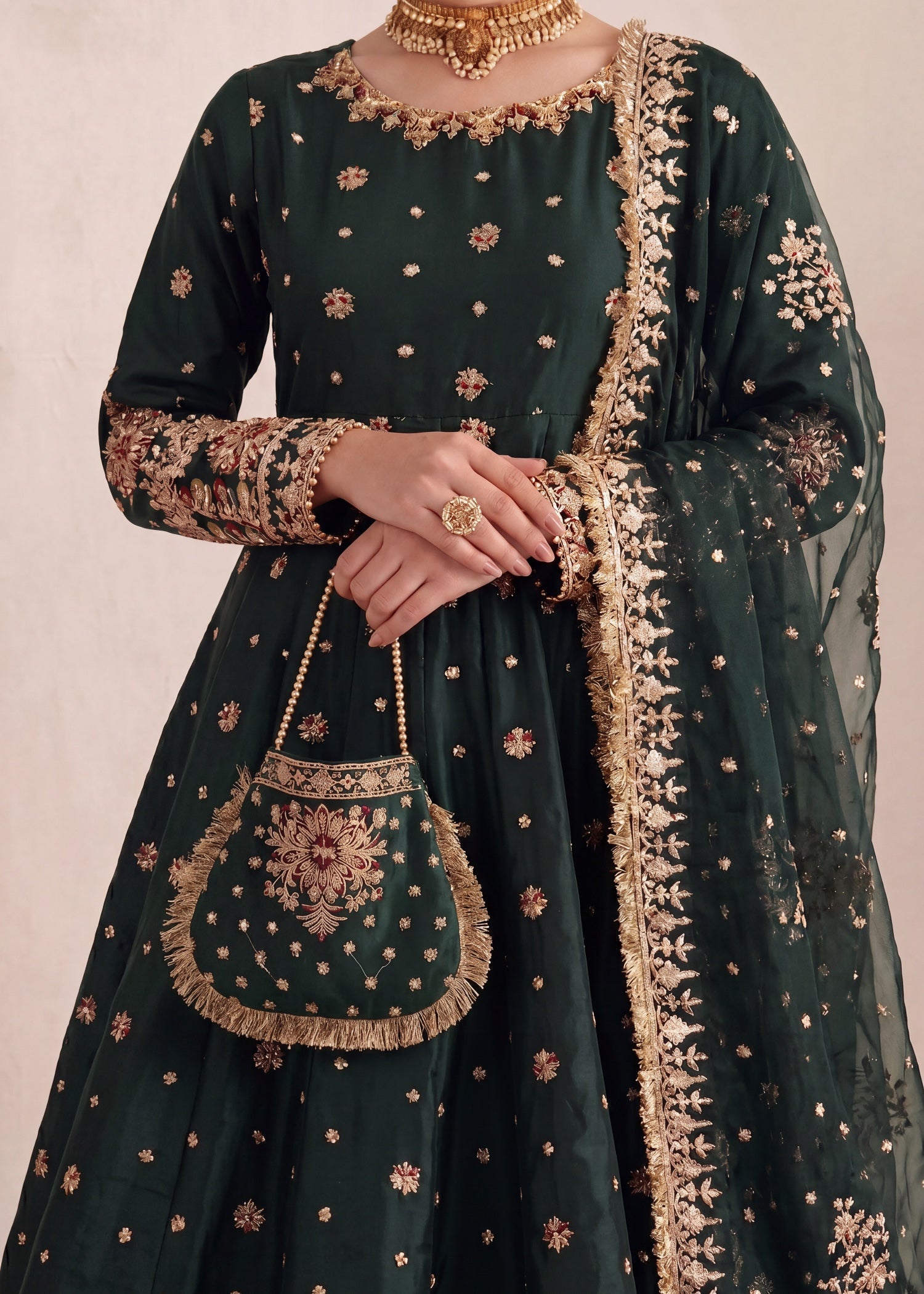 silk Pishwas in Dark green