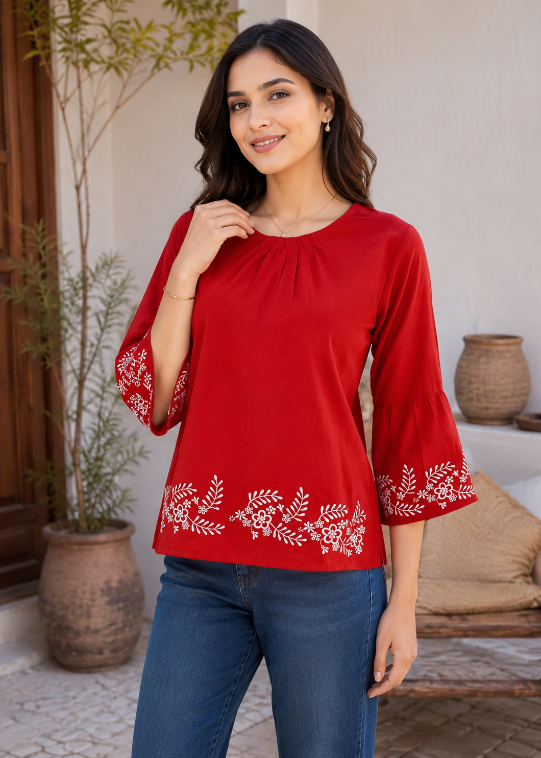 cotton karandi Top in Red