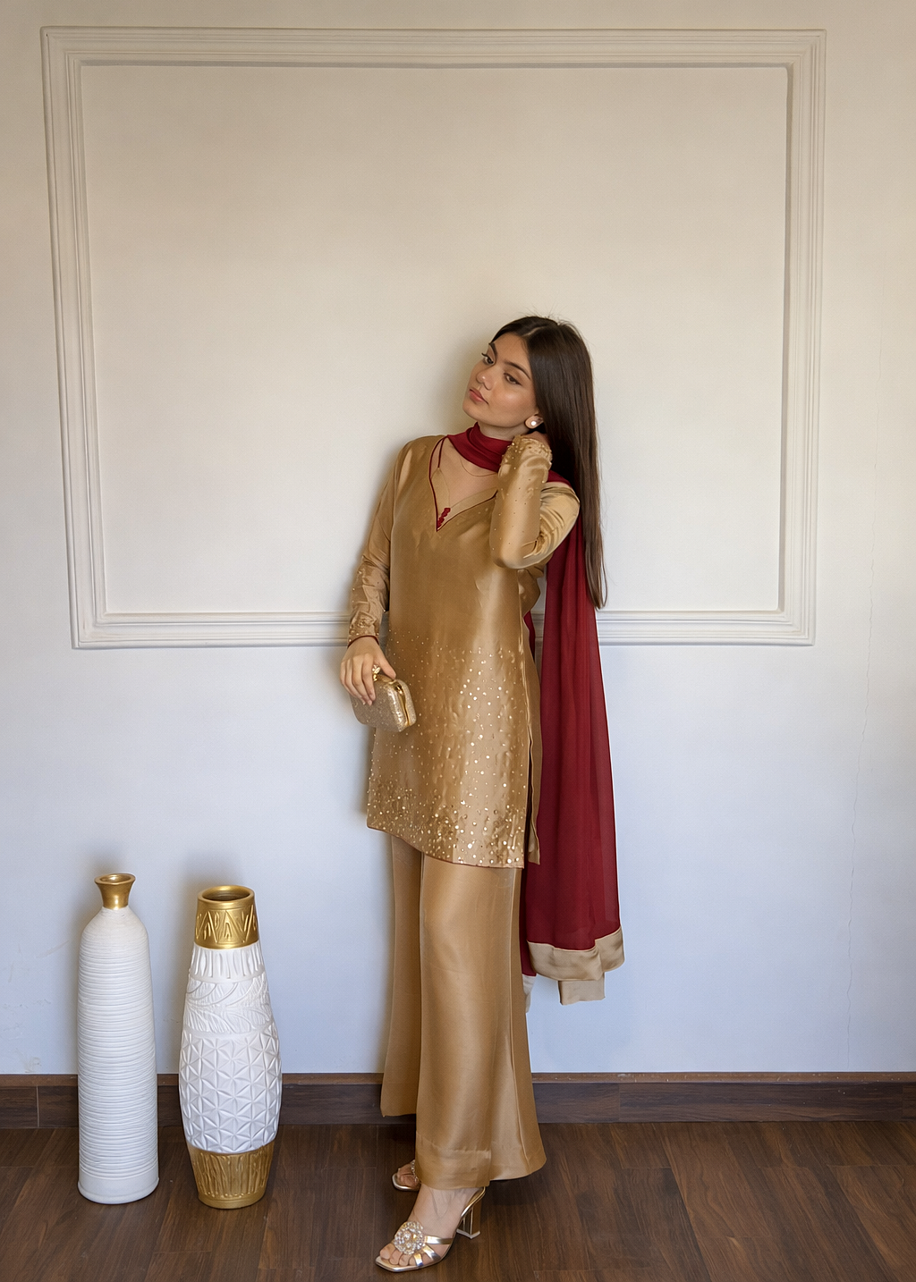 tissue silk Kurta Set in Almond brown