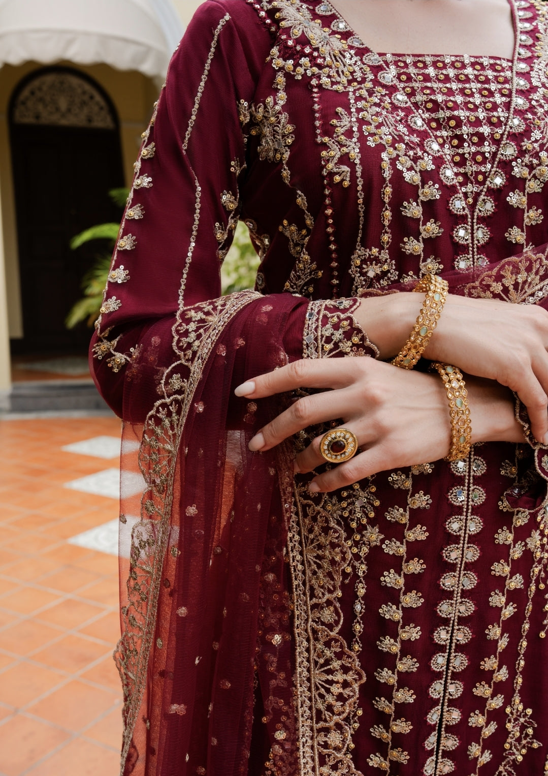 net Lehenga in Maroon