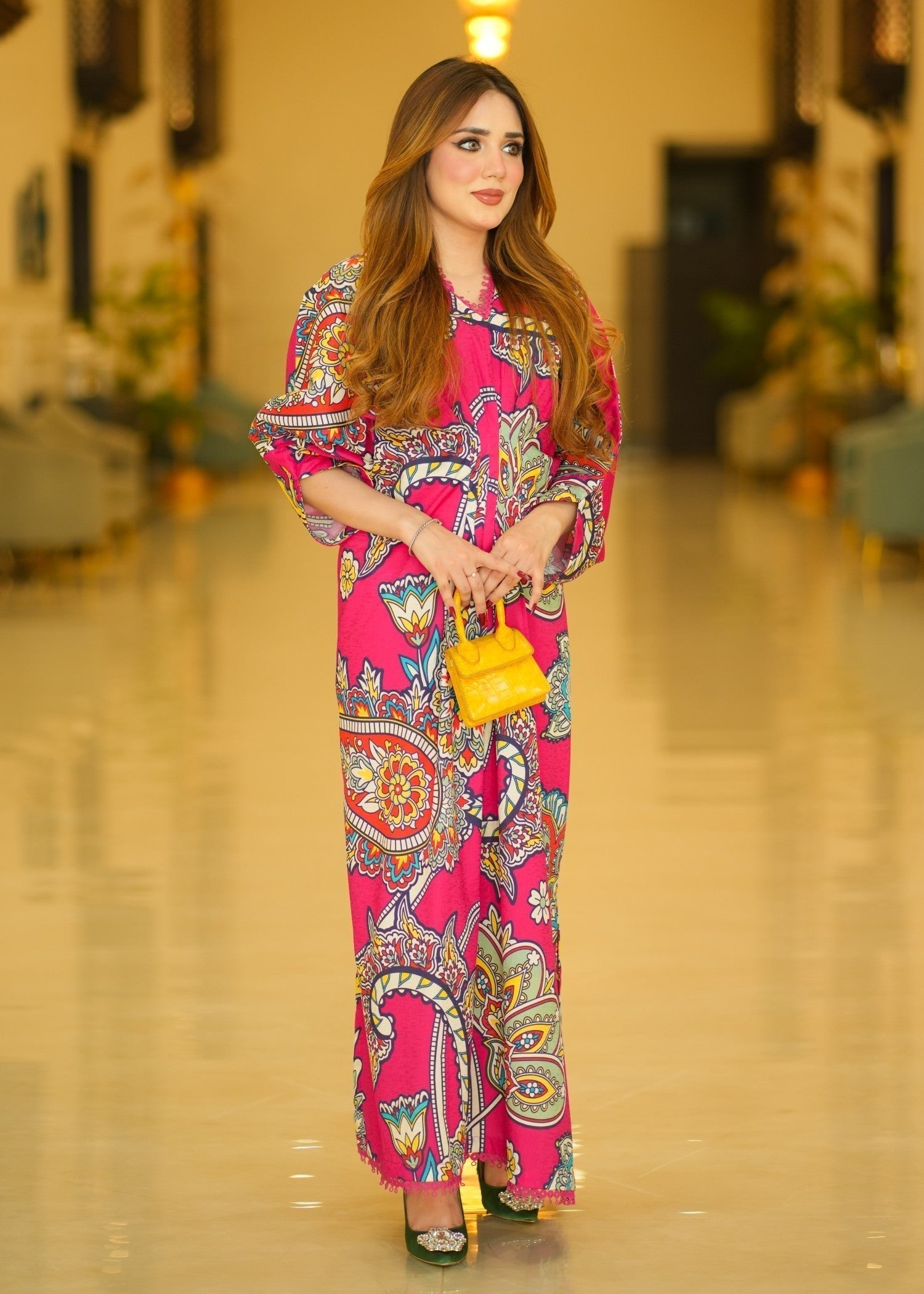 textured lawn Kaftan in Hot pink
