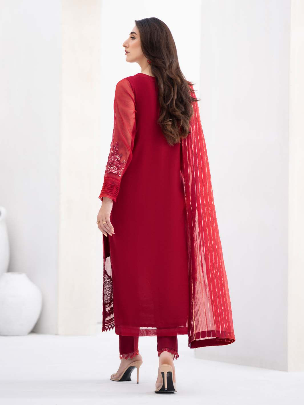 yarn dyed khaddi Kurta Set in Red