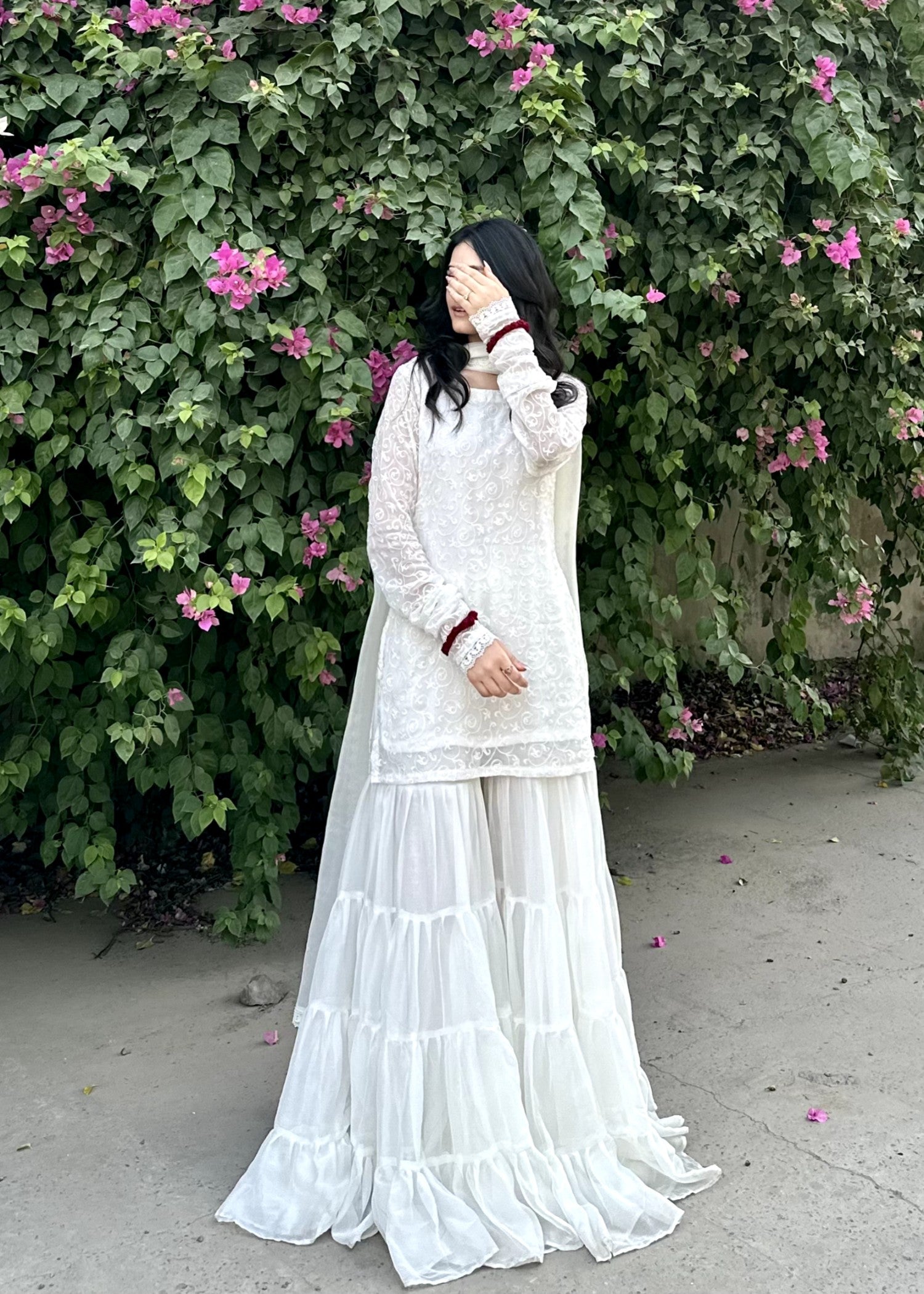 bemberg crinkle chiffon Gharara in Off-white