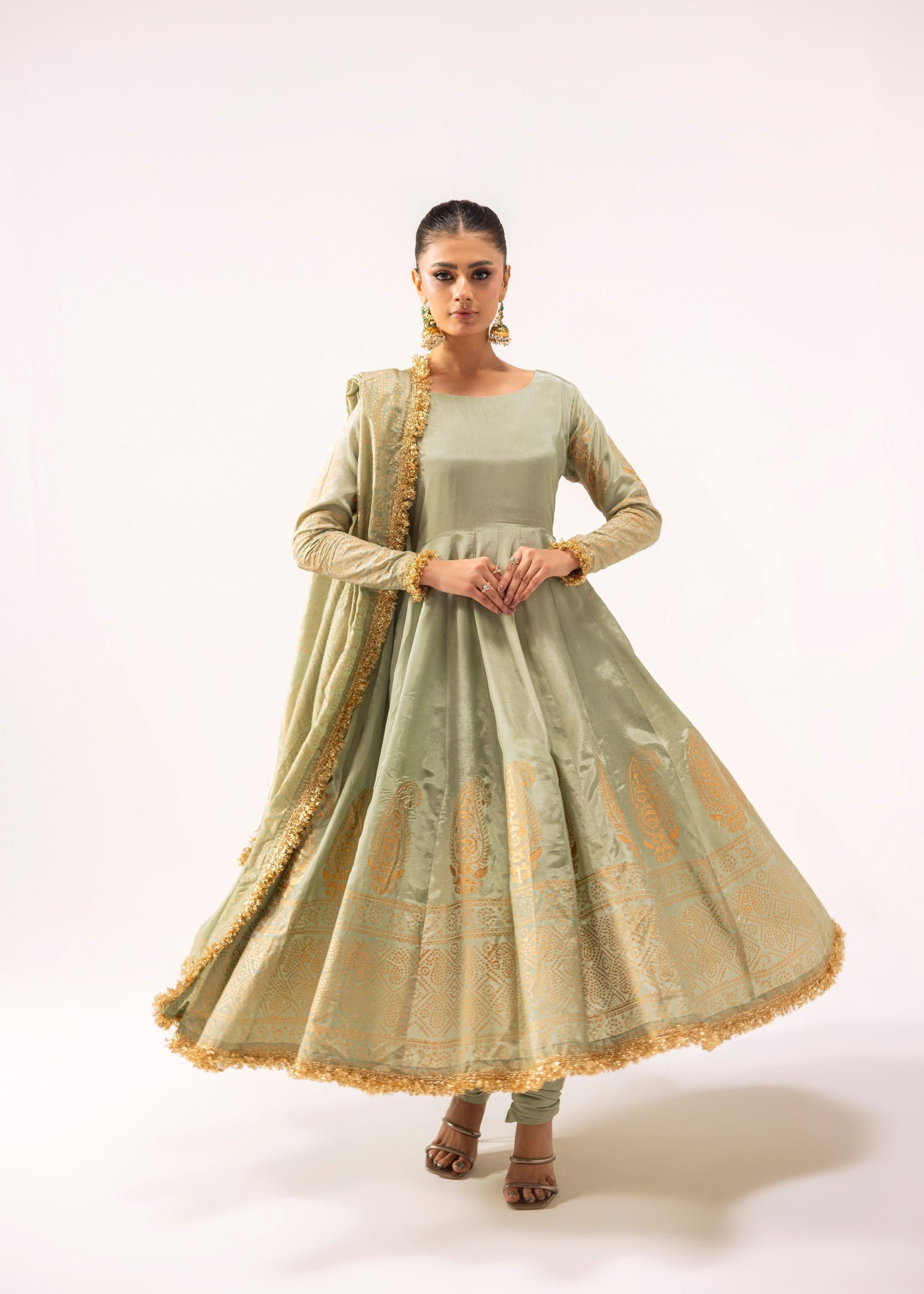 korean raw silk Pishwas in Pistachio green