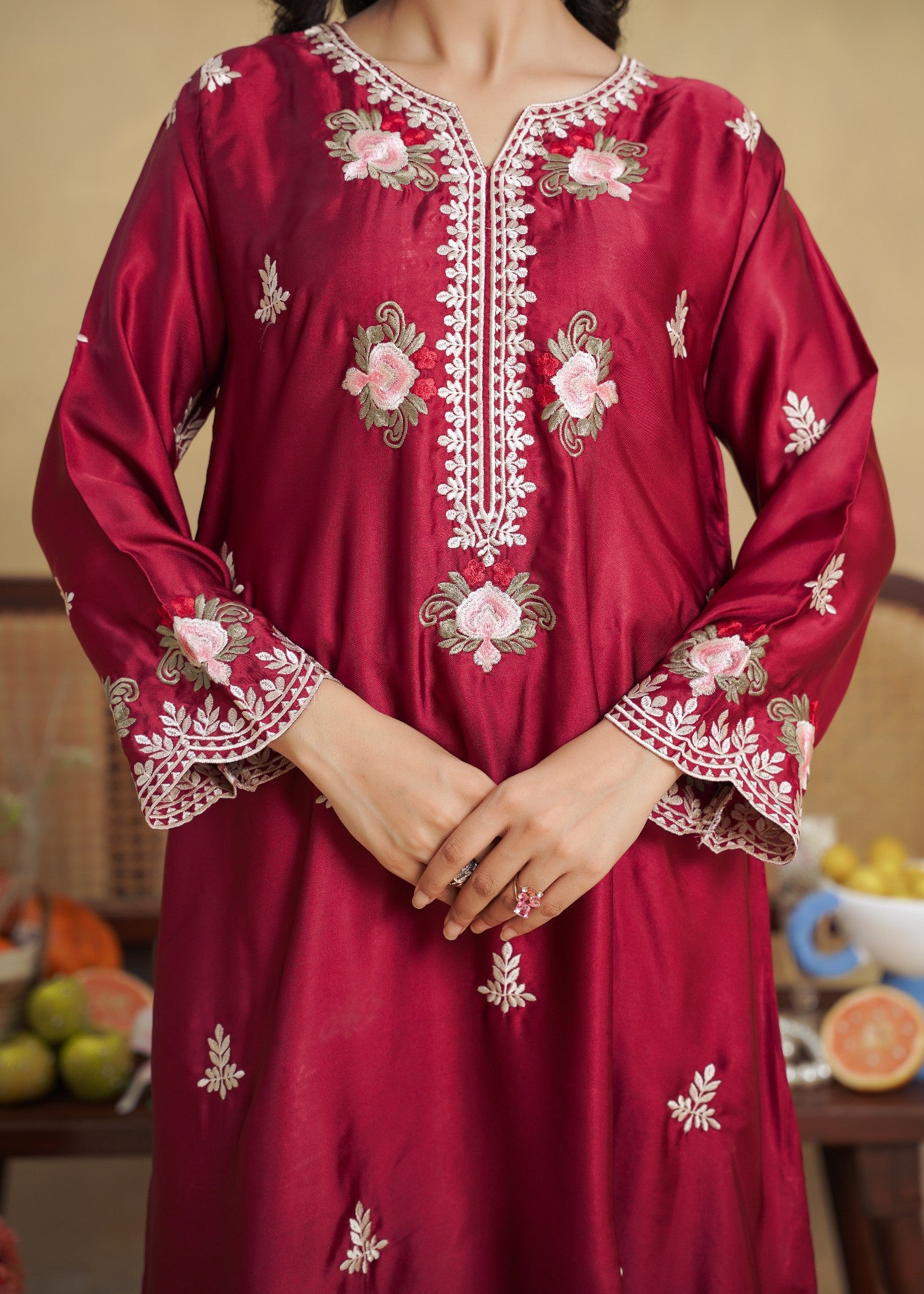 silk Kaftan in Rose red